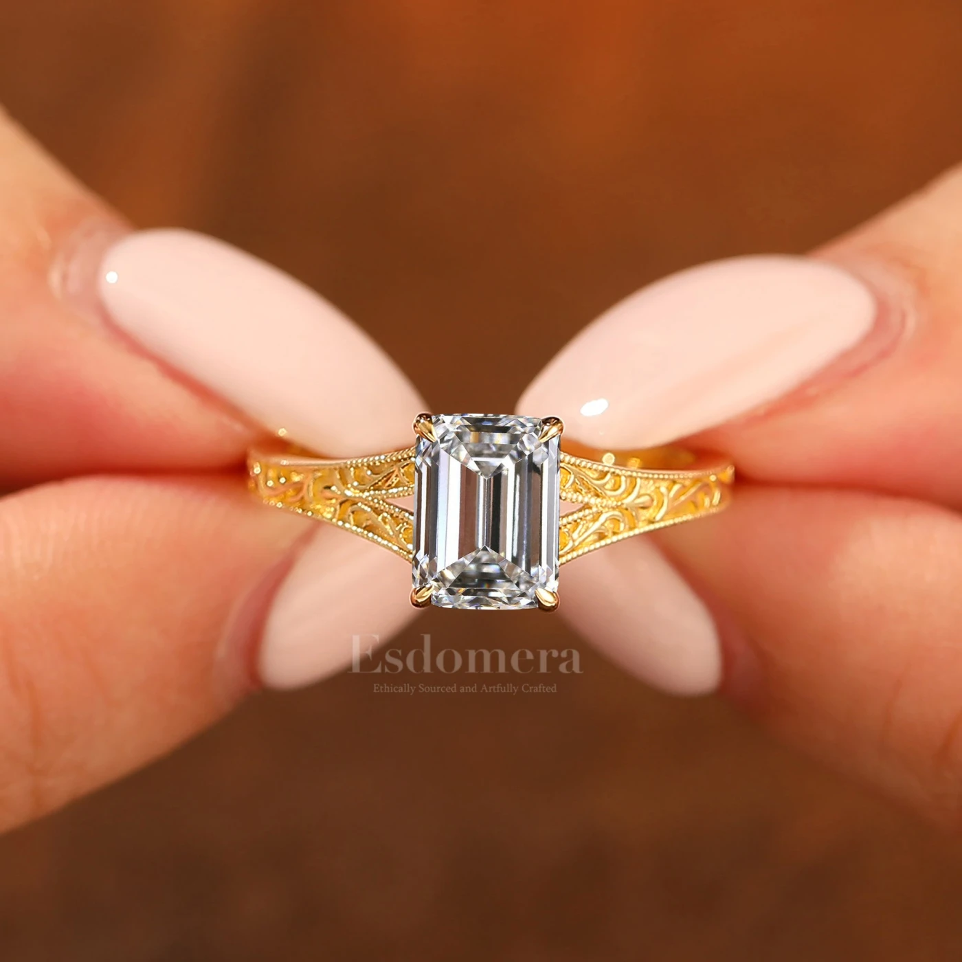 Unique 2CT Emerald Cut Yellow Gold Filigree Split Shank Lab Grown Promise Ring