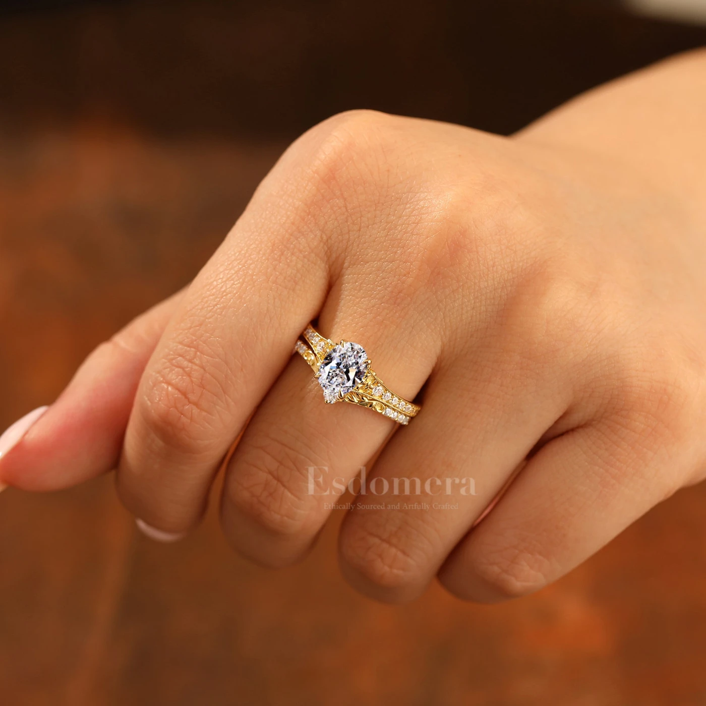 Antique Pear Cut Lab Grown Diamond 2pcs Wedding Ring Set Filigree Solid Yellow Gold Bridal Stacking Set (IGI Certified) - view 3