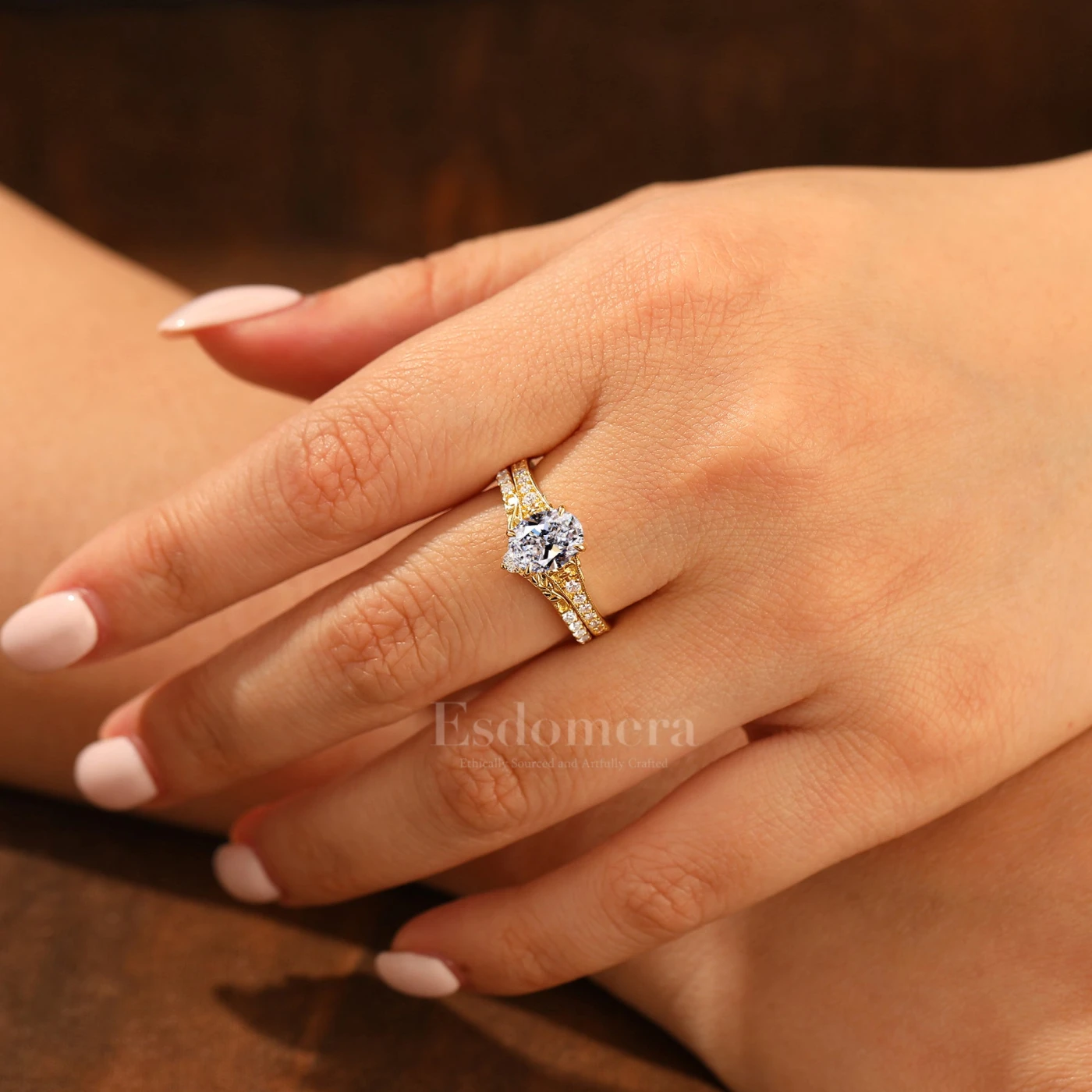 Antique Pear Cut Lab Grown Diamond 2pcs Wedding Ring Set Filigree Solid Yellow Gold Bridal Stacking Set (IGI Certified) - view 7