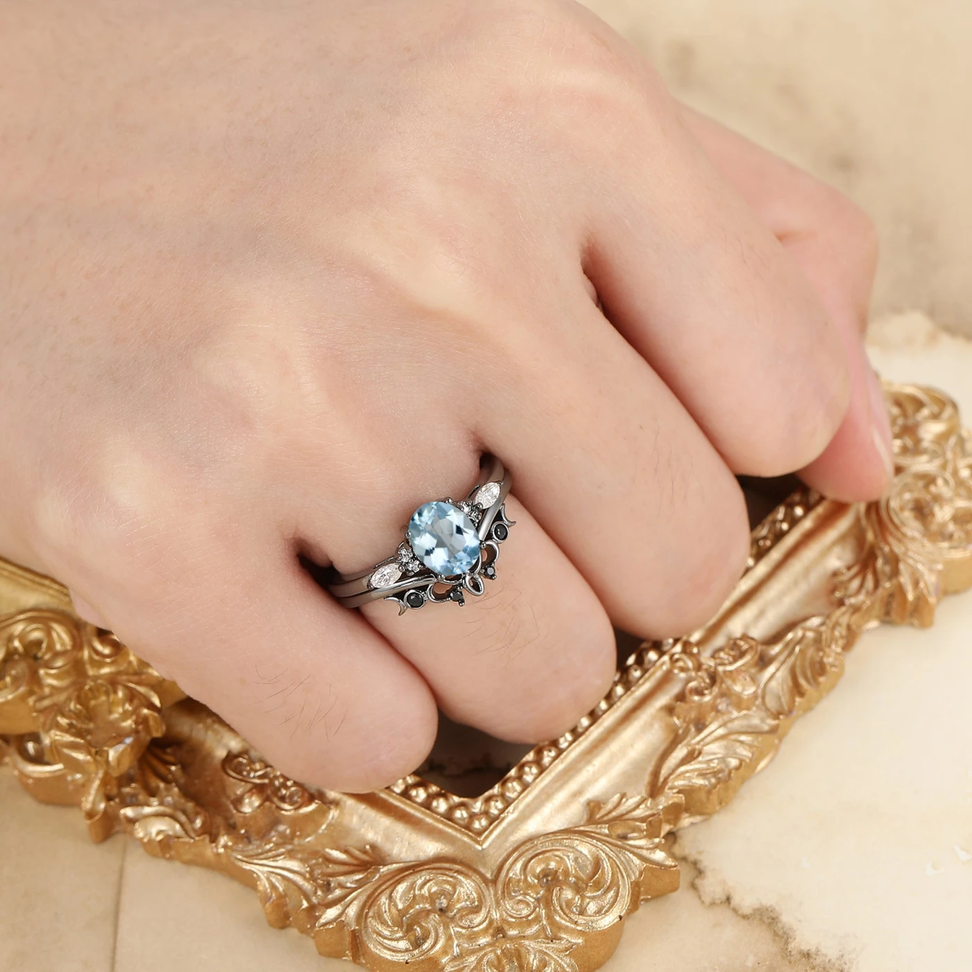 Dainty Oval Cut Aquamarine Engagement Ring Unique Black Plated Aquamarine Women Rings - view 6