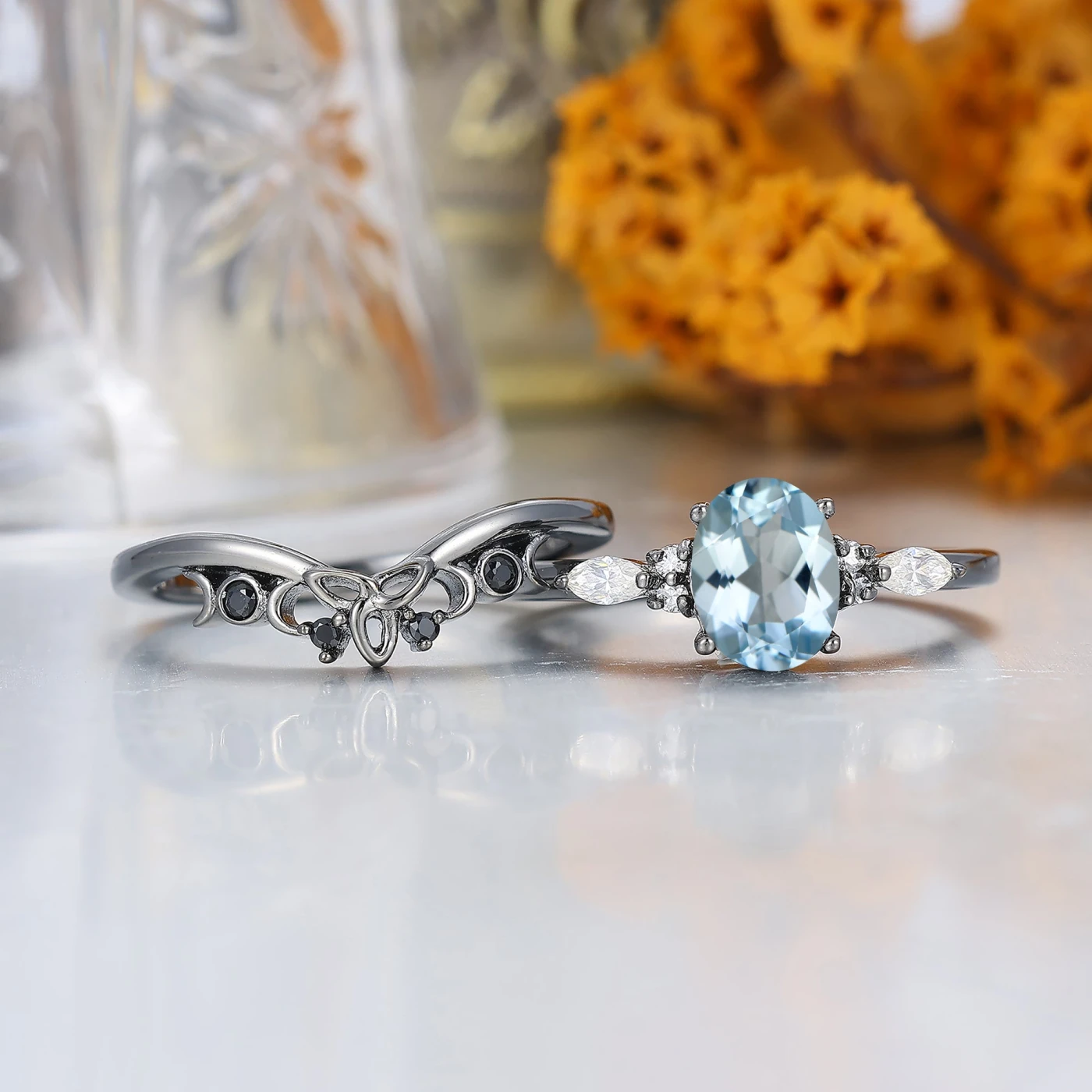 Dainty Oval Cut Aquamarine Engagement Ring Unique Black Plated Aquamarine Women Rings - view 5
