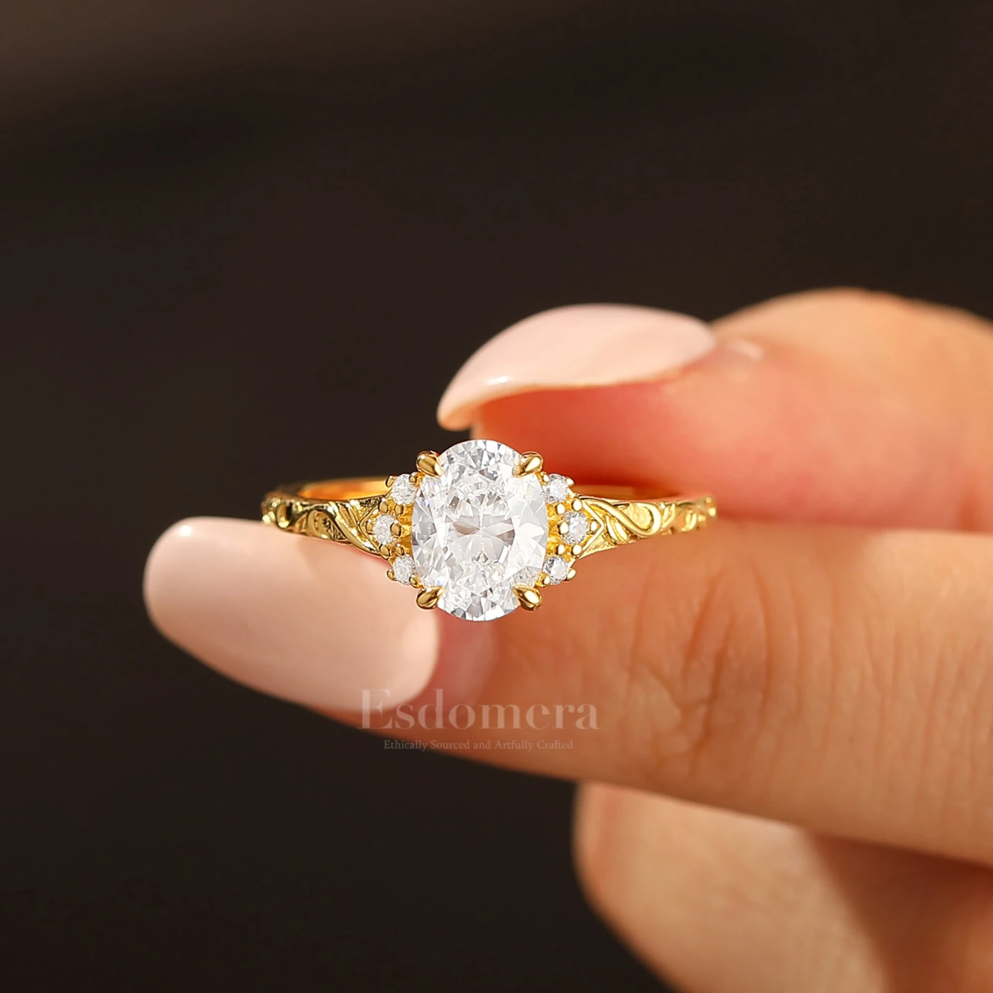 14K Romantic Oval Cut Engagement Ring Rose Gold Cluster Wedding Ring