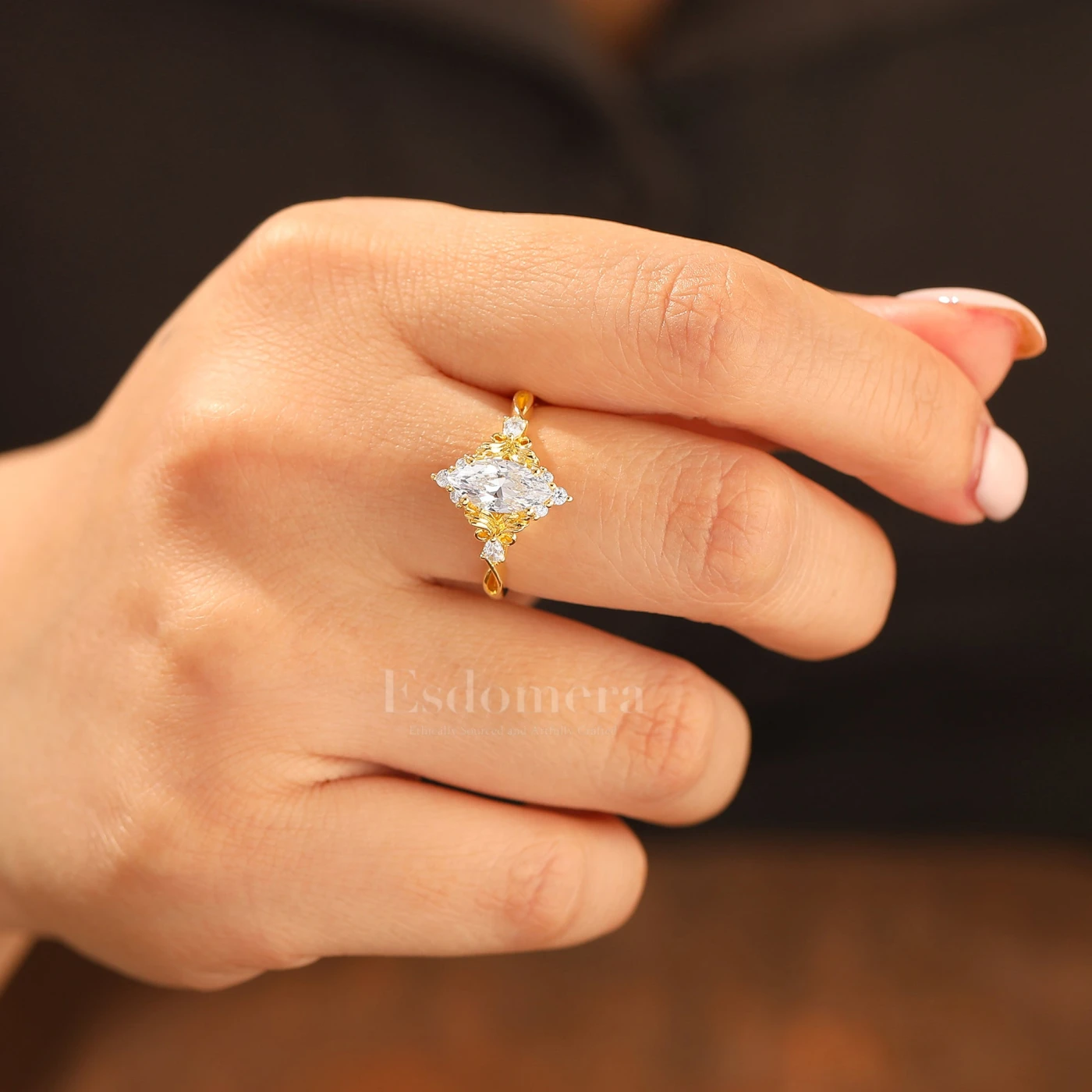 Artsy Floral Leaf Design Moissanite Ring 1CT Marquise Cut Moissanite Hollow Band Bridal Ring - view 7