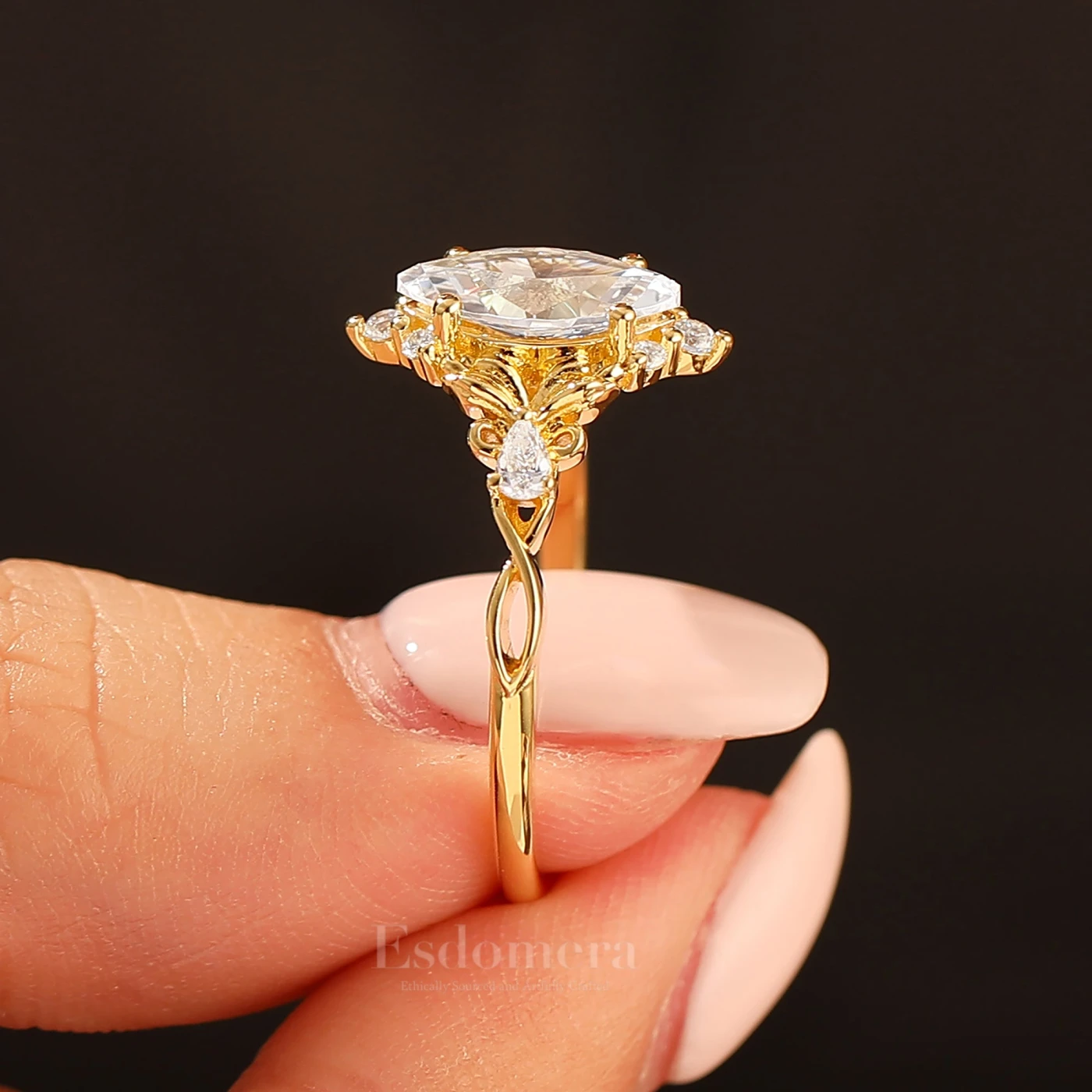 Artsy Floral Leaf Design Moissanite Ring 1CT Marquise Cut Moissanite Hollow Band Bridal Ring - view 11