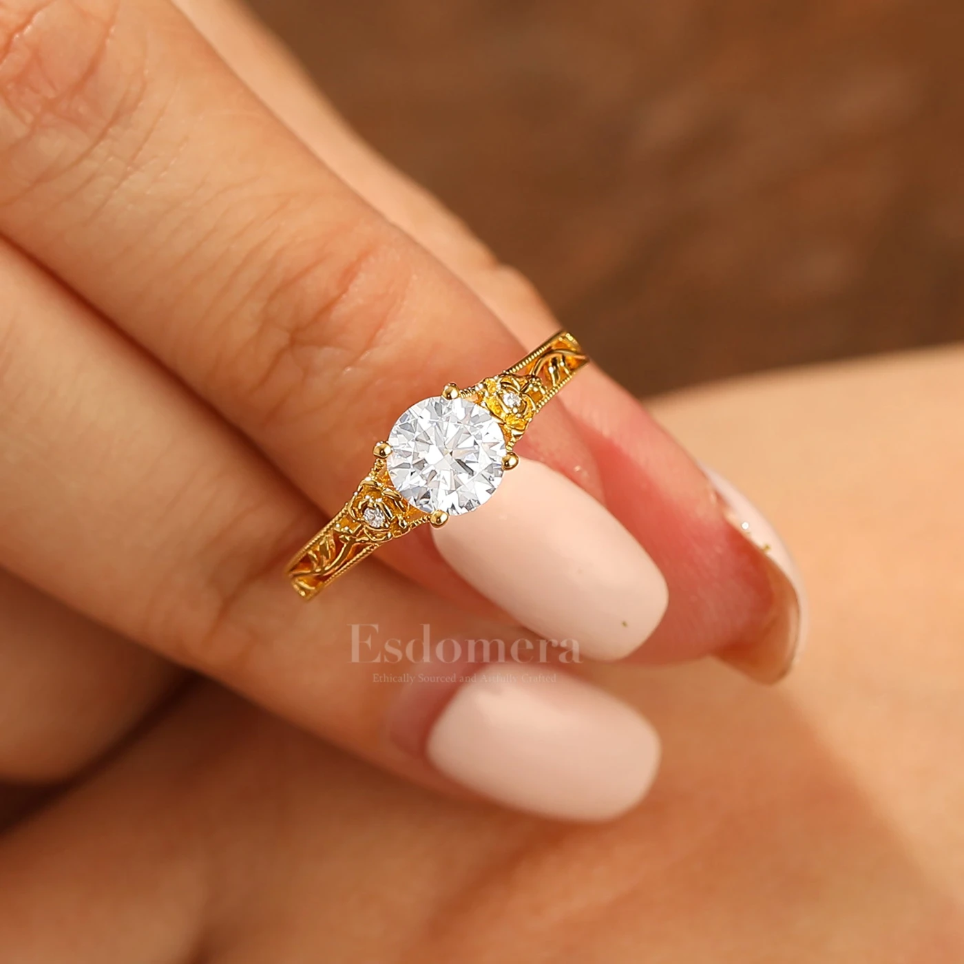 Openwork Floeal Design 1ct Round Engagement Ring Vintage Vine Ring