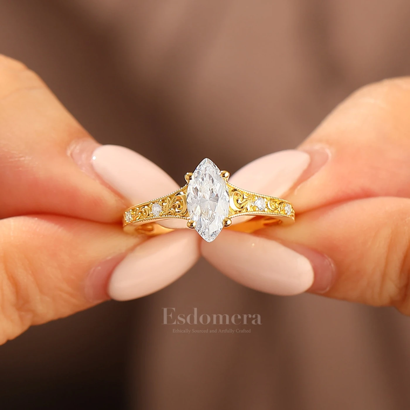 Vine Flourish Marquise Cut Women Ring Vintage Filigreed Bridal Ring