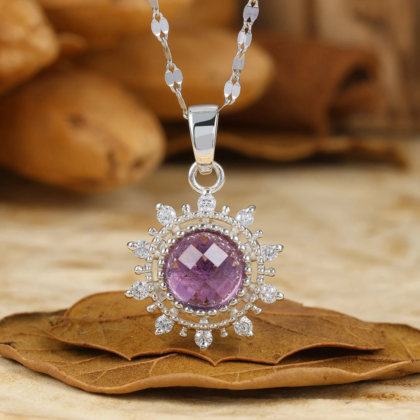 Delicate Round Cut Sun Halo Pendant Necklace 14K Gold Neckalce