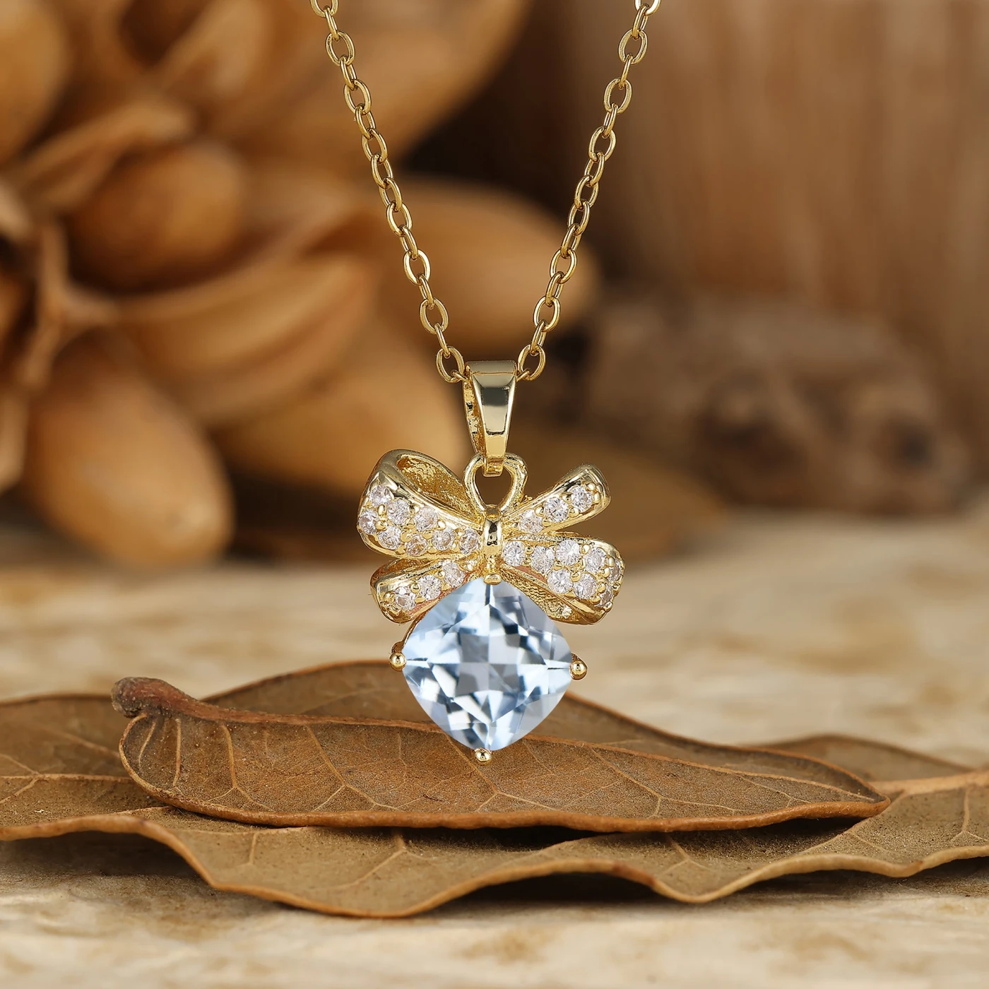 Romantic Bow Design Natural Pendant Necklace Cushion Cut Necklace