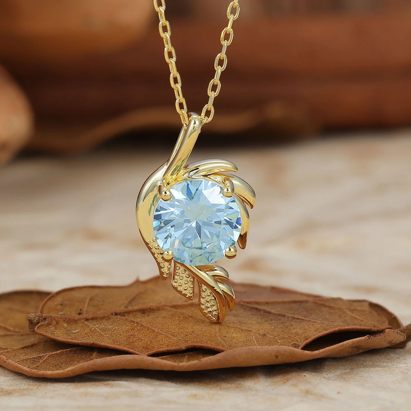 Nature-Inspired Round-Cut Solitaire Leaf Wrap Pendant Necklace 14K