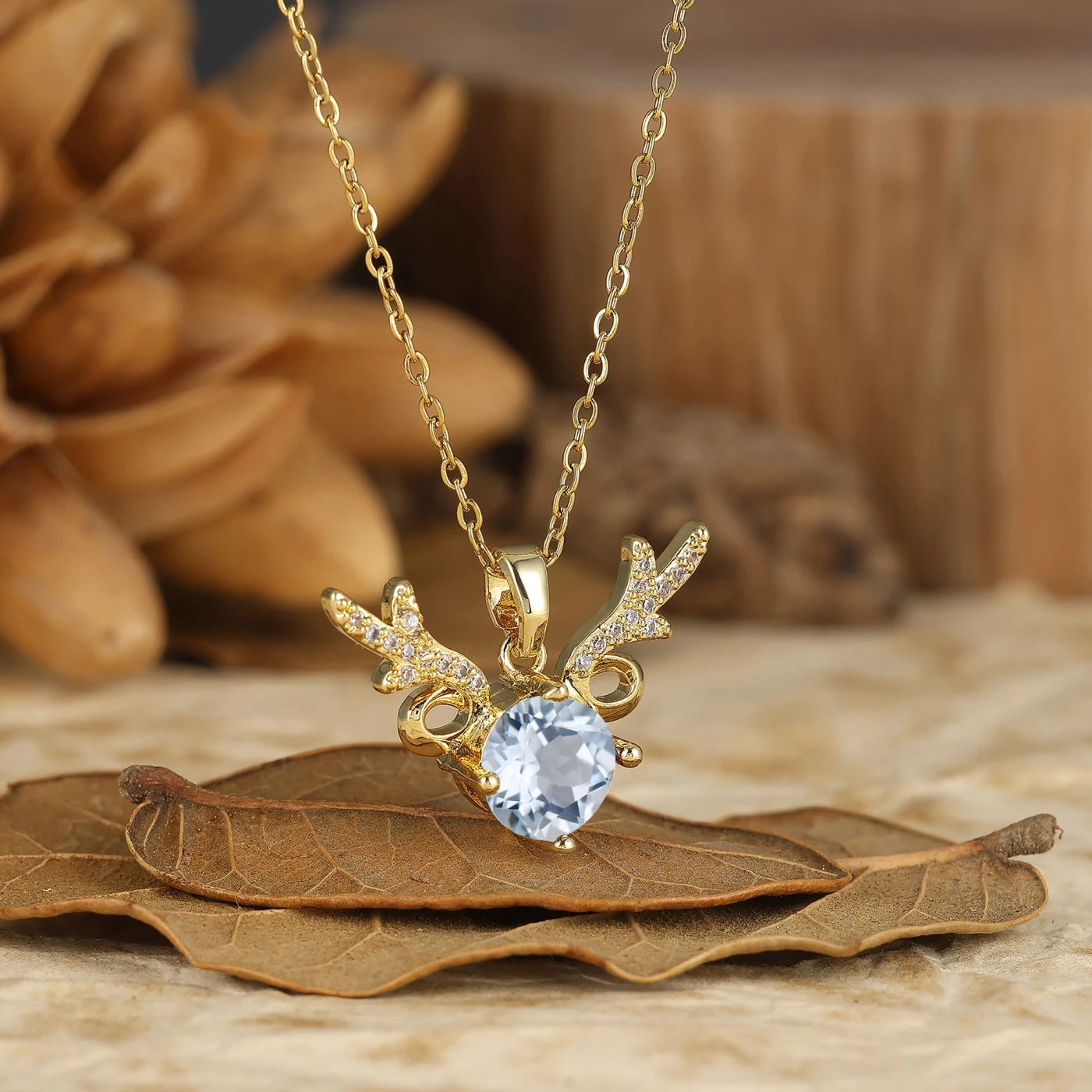 925 Sterling Silver Dainty Round Aquamarine Deer Antler Pendant Necklace 14K Gold Neckalce - view 2