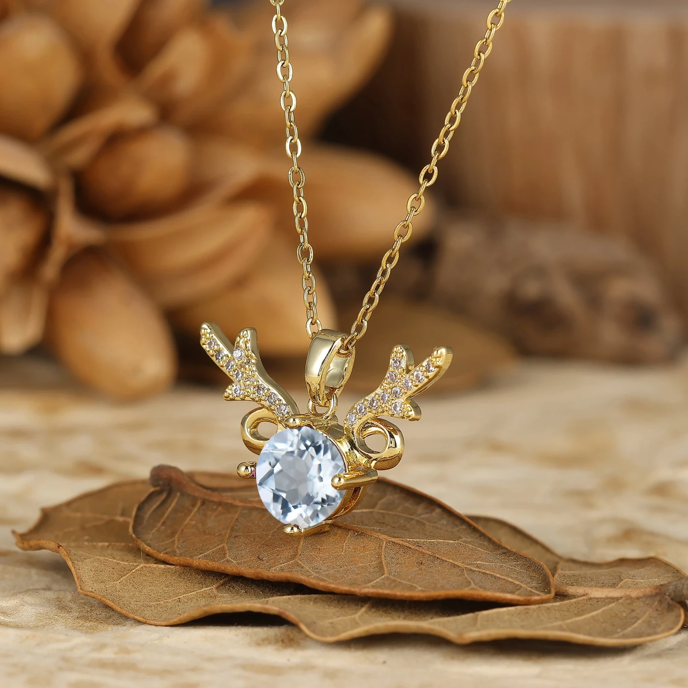 925 Sterling Silver Dainty Round Aquamarine Deer Antler Pendant Necklace 14K Gold Neckalce - view 3