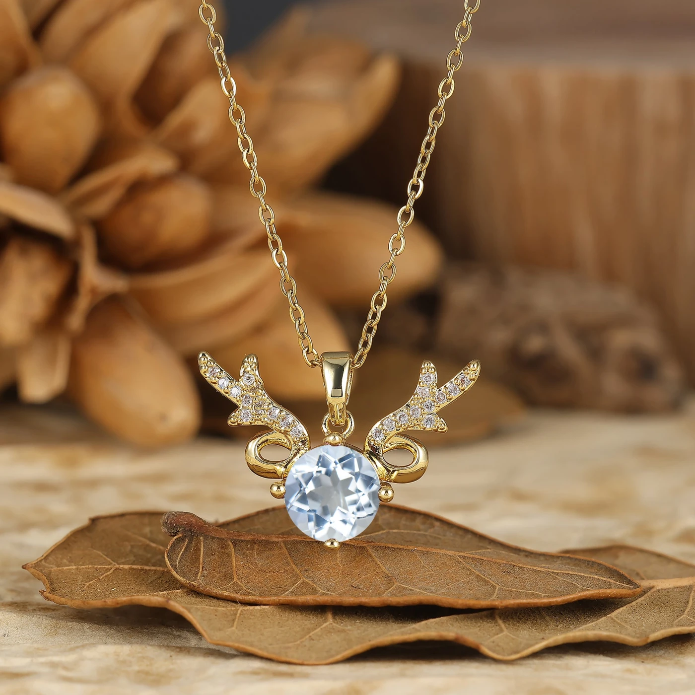 925 Sterling Silver Dainty Round Deer Antler Pendant Necklace 14K Gold Neckalce