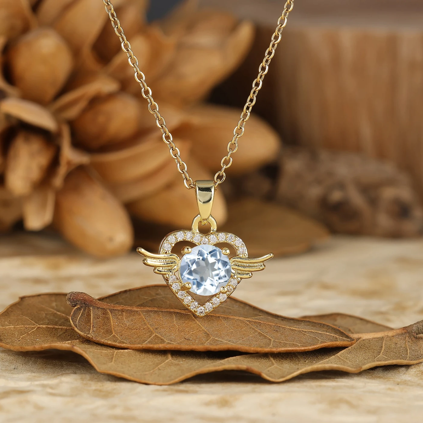 925 Silver Dainty Round Angel Wing Heart Pendant Necklace 14K Gold