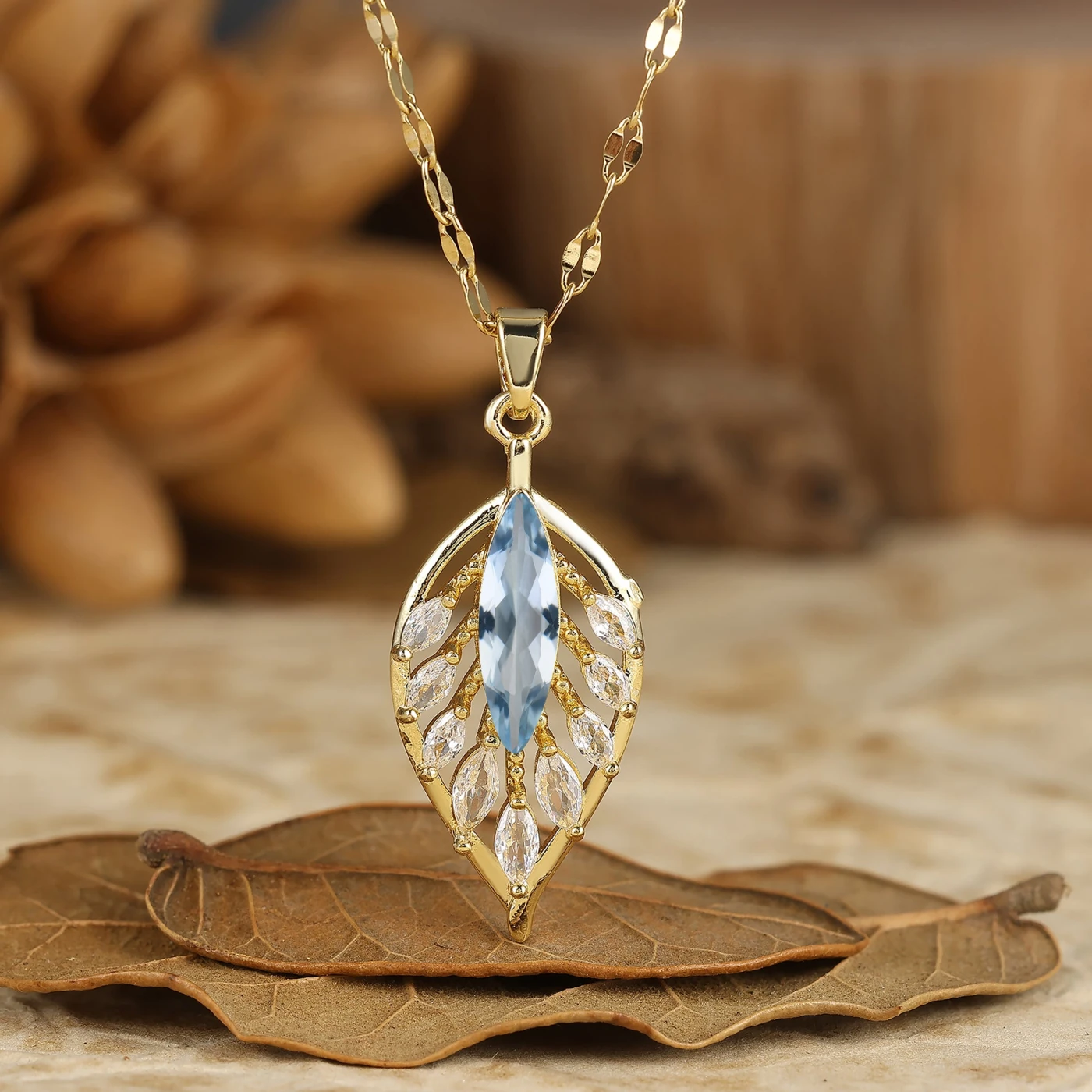925 Silver Marquise Feather/Leaf Design Pendant Necklace 14K Gold