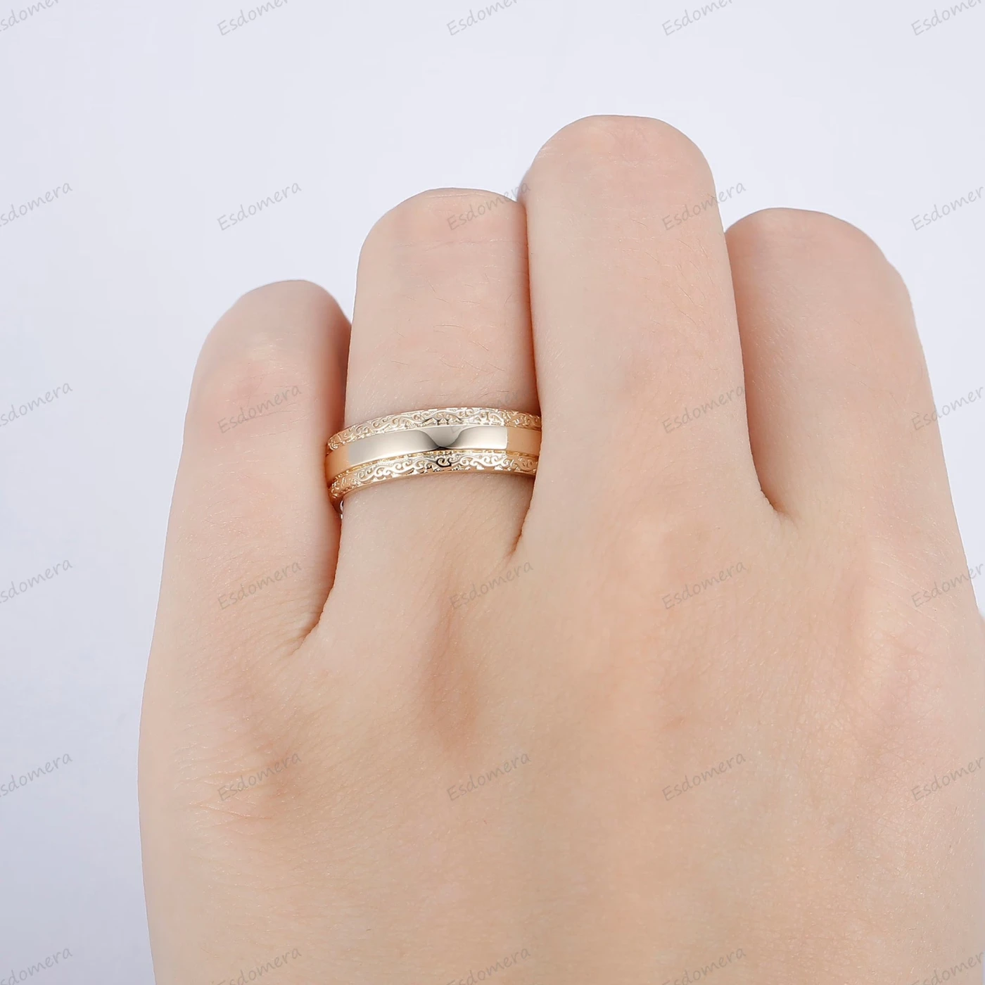 Filigree Engraved Solid Gold Men's Ring Art Deco 6mm Yellow Gold Wedding Band For Men - view 7