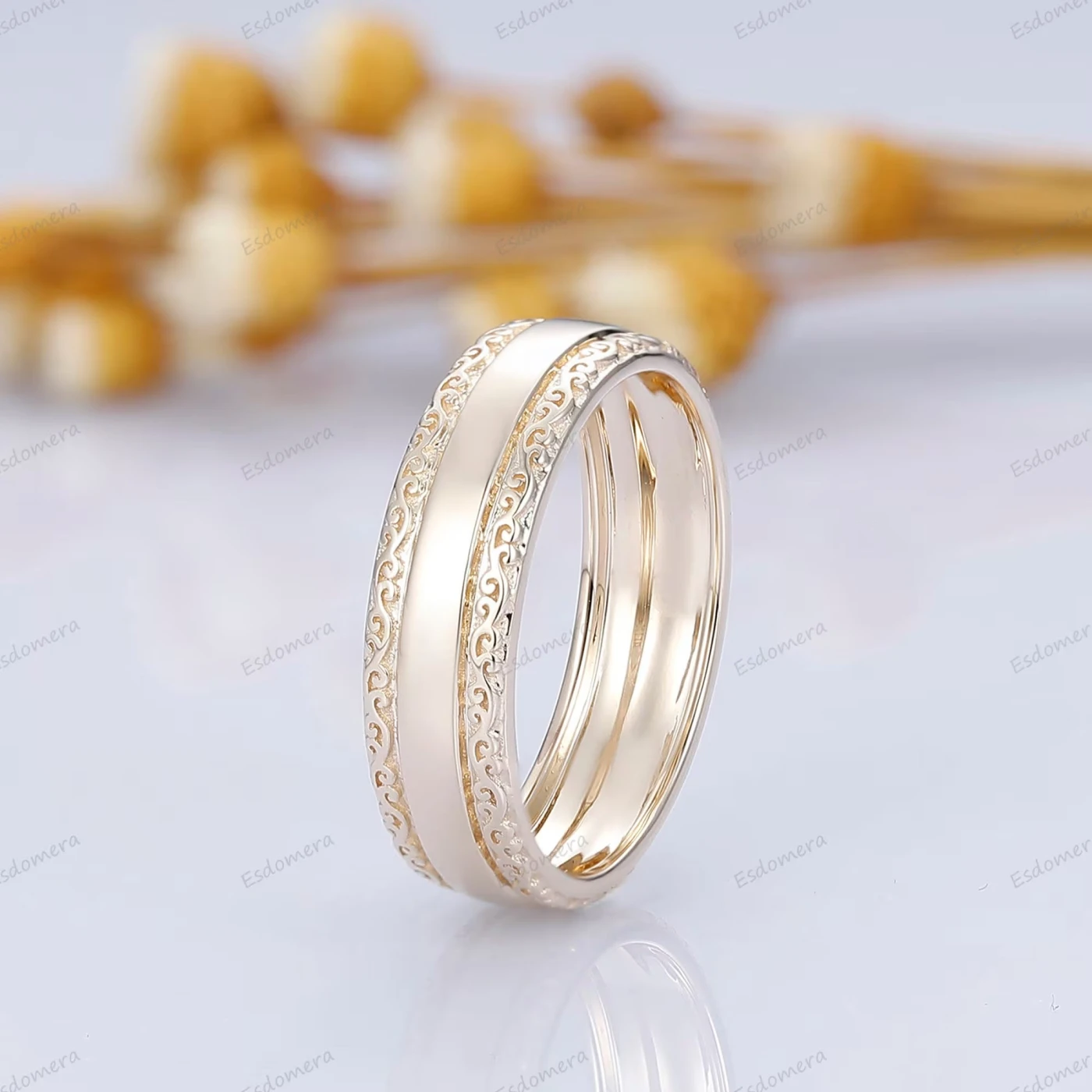 Filigree Engraved Solid Gold Men's Ring Art Deco 6mm Yellow Gold Wedding Band For Men - view 6