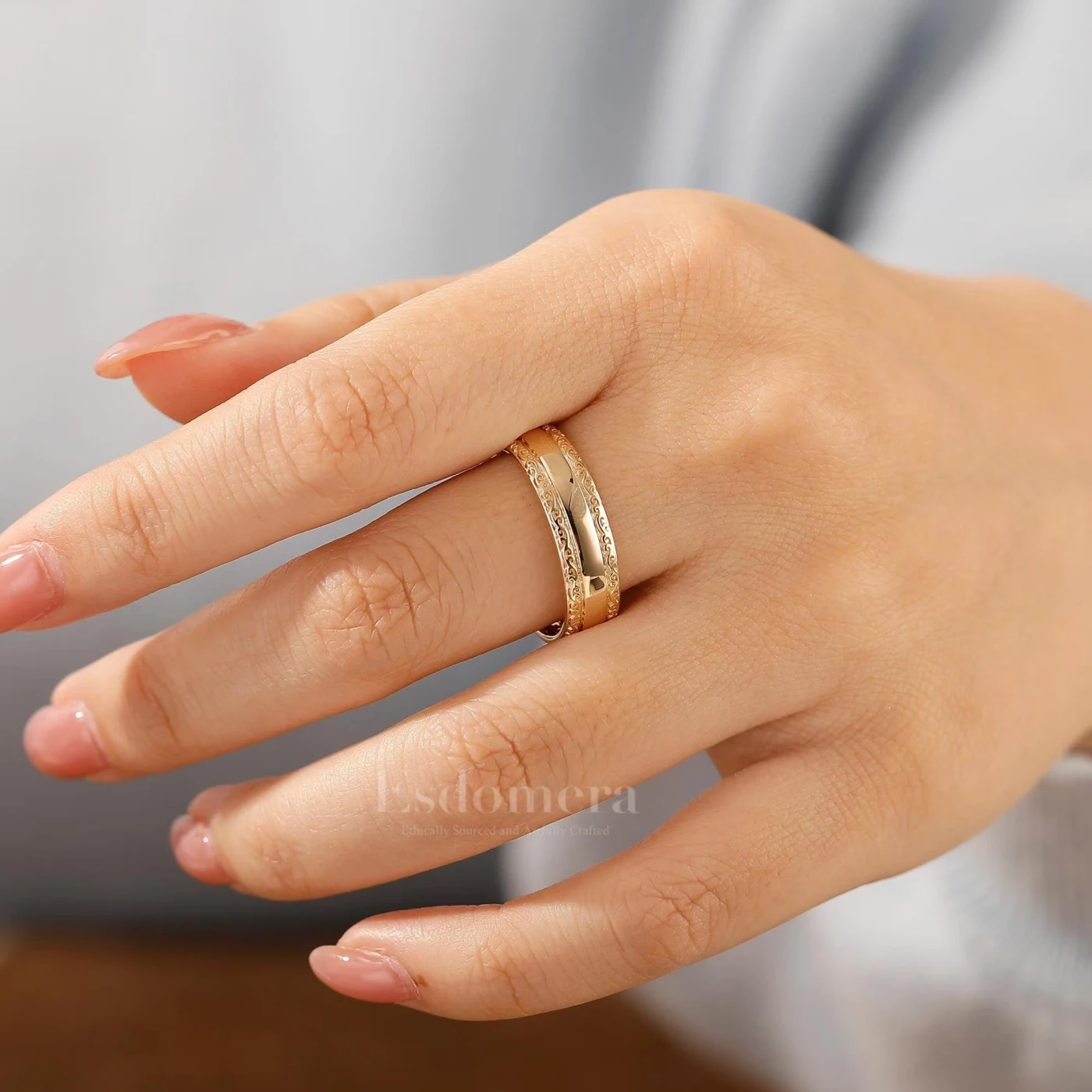 Filigree Engraved Solid Gold Men's Ring Art Deco 6mm Yellow Gold Wedding Band For Men - view 3