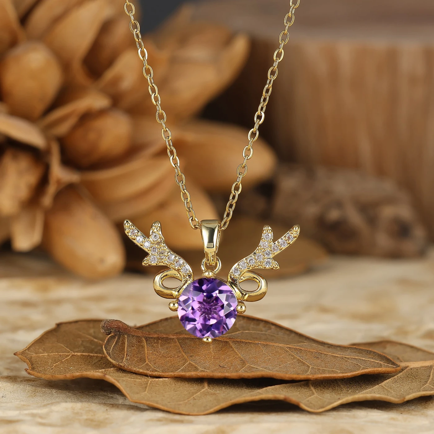 925 Sterling Silver Dainty Round Natural Amethyst Deer Antler Pendant Necklace 14K Gold Neckalce - view 1