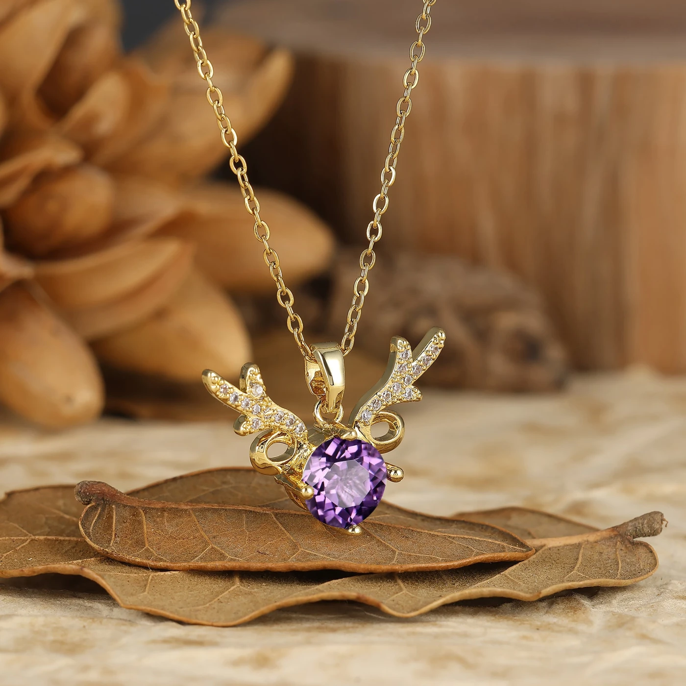 925 Sterling Silver Dainty Round Natural Amethyst Deer Antler Pendant Necklace 14K Gold Neckalce - view 2