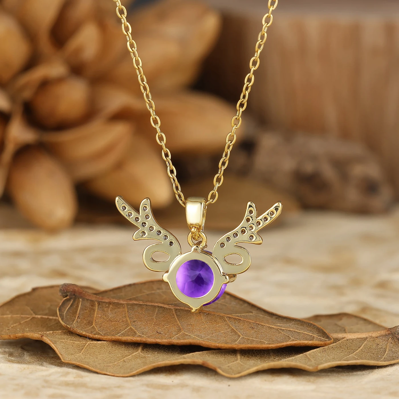 925 Sterling Silver Dainty Round Natural Amethyst Deer Antler Pendant Necklace 14K Gold Neckalce - view 4