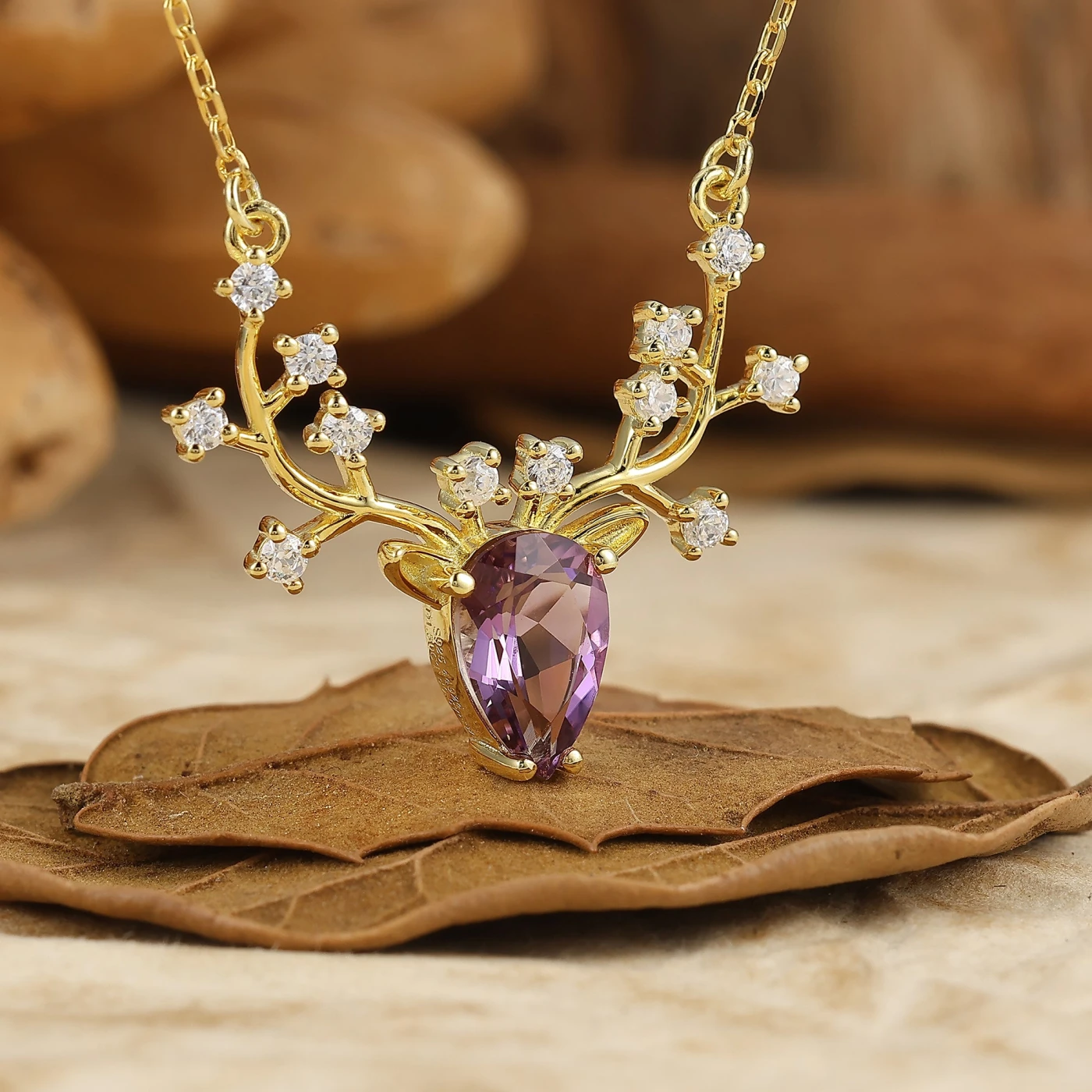 Reindeer Antler Pear Cut Natural Amethyst Pendant Necklace Anniversary Gift for Her - view 2