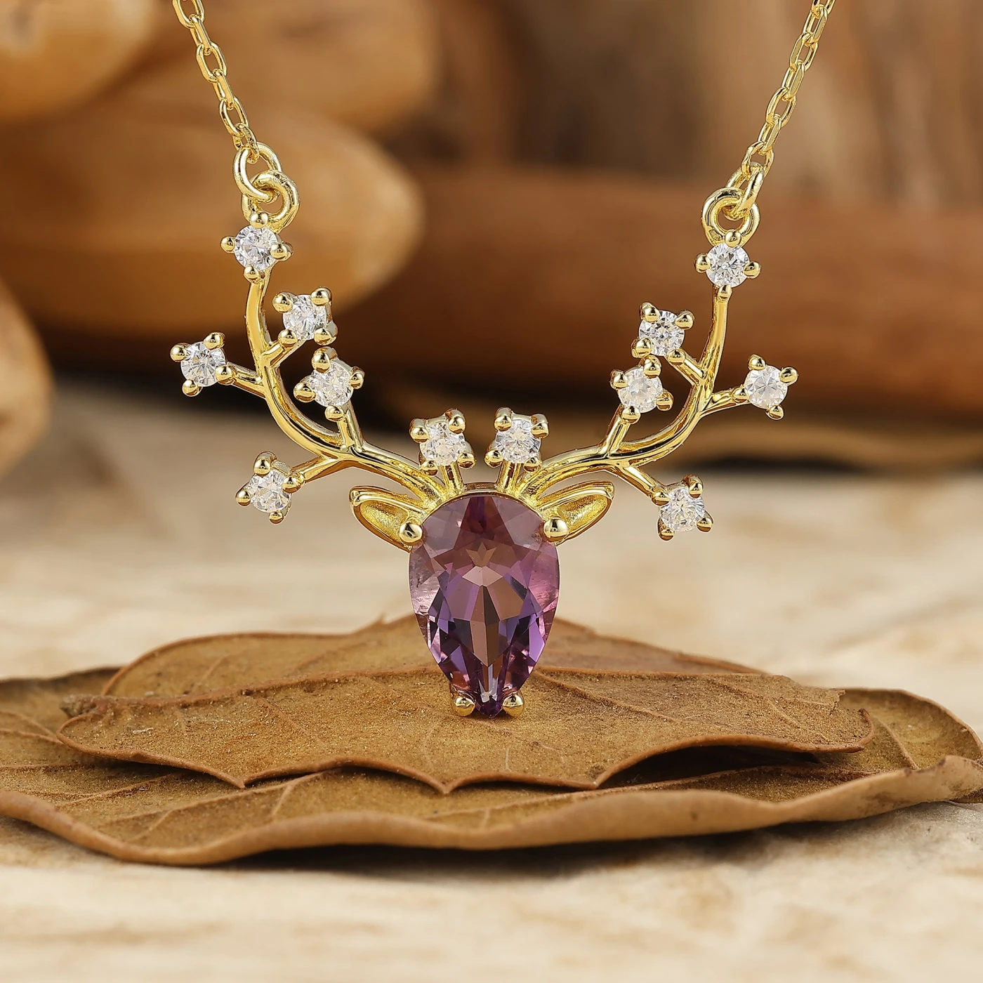 Reindeer Antler Pear Cut Natural Pendant Necklace Anniversary Gift for Her