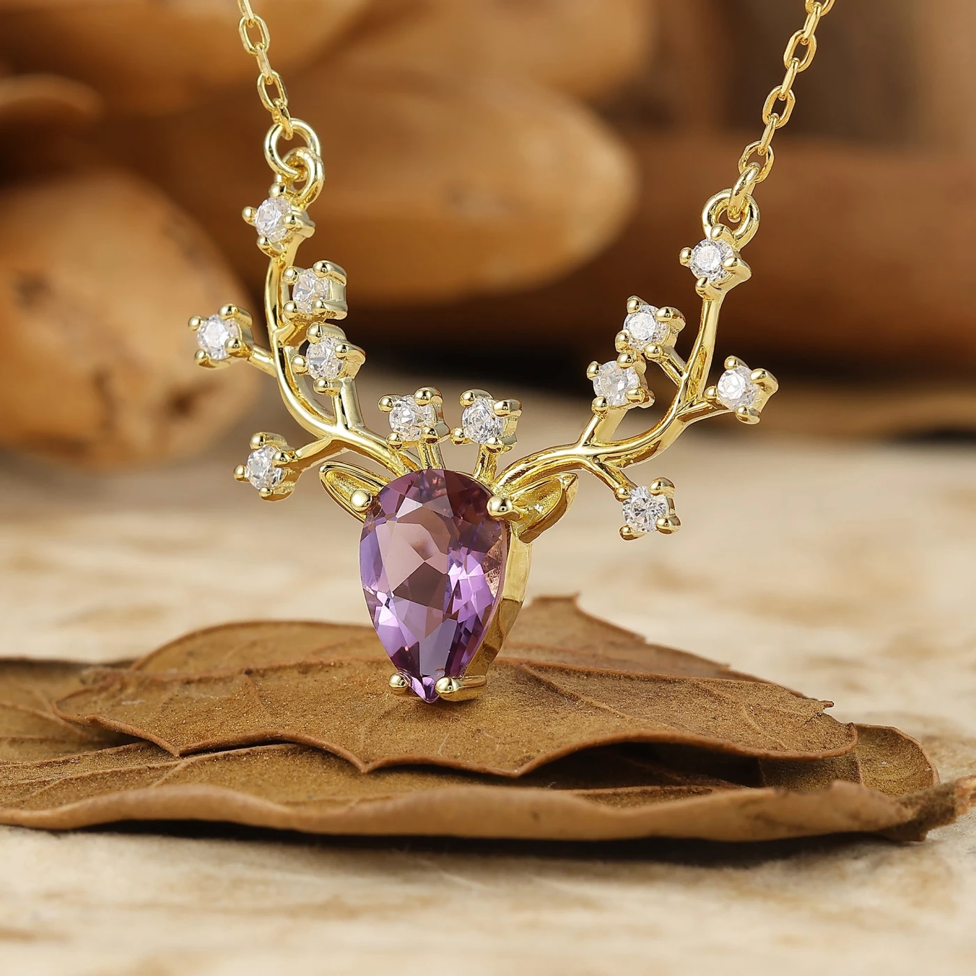 Reindeer Antler Pear Cut Natural Amethyst Pendant Necklace Anniversary Gift for Her - view 3