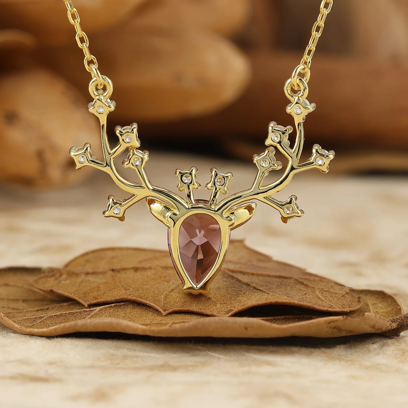 Reindeer Antler Pear Cut Natural Amethyst Pendant Necklace Anniversary Gift for Her - view 4