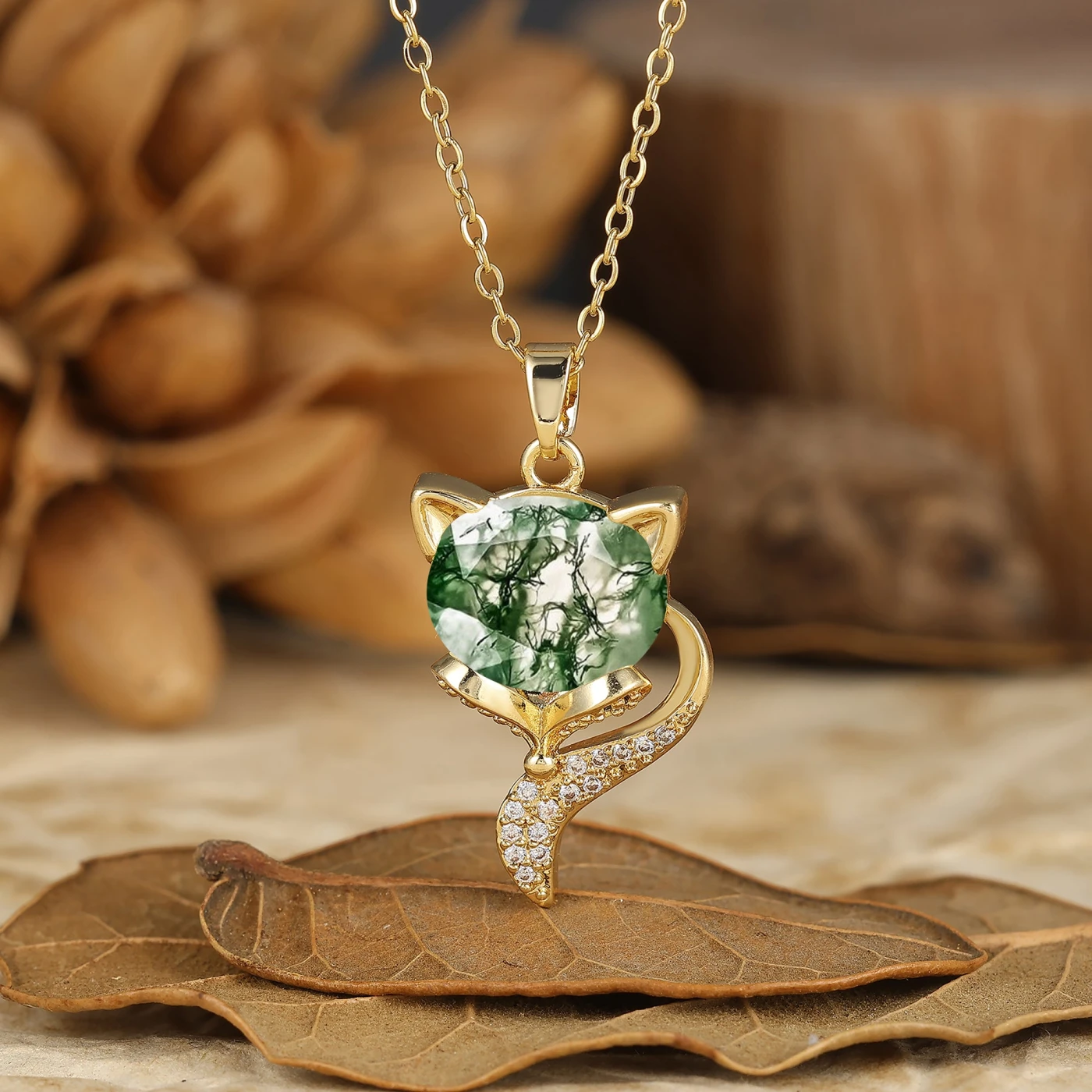 Unique Animal Oval Cut Natural Fox Solitaire Pendant Necklace 14K Gold