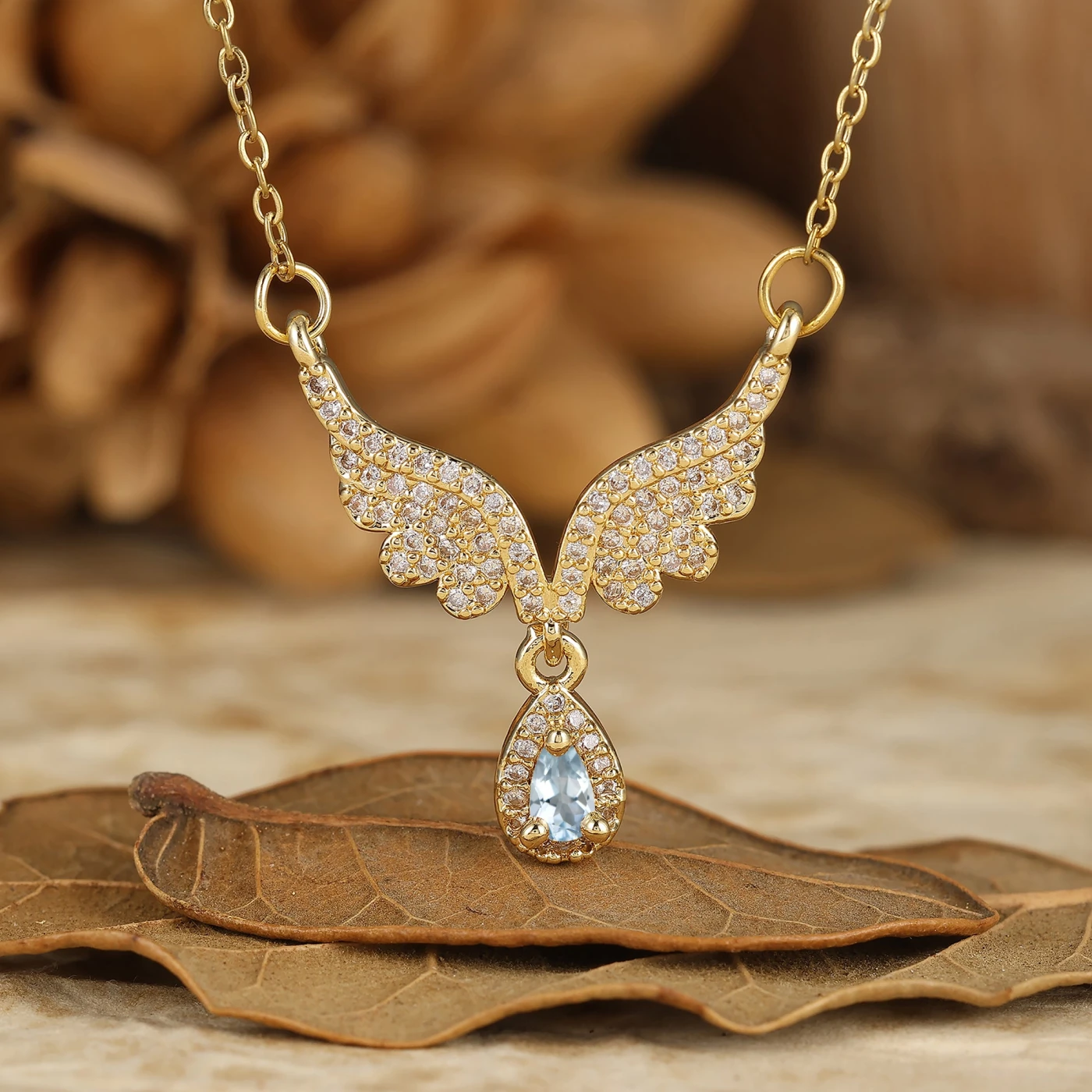 Gorgeous Wing Shape Pendant Necklace 14K Rose Gold Bridal Necklace