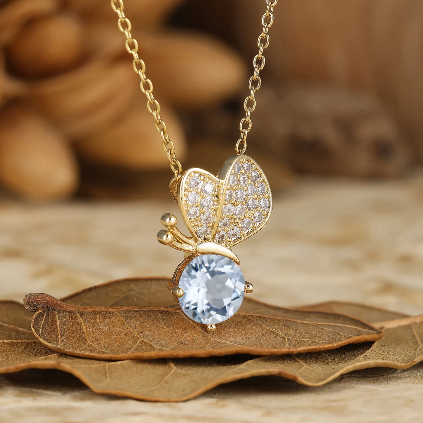 Cute Flying Butterfly Round Aquamarine Pendant Necklace For Girls Dainty Jewelry Gift - view 2