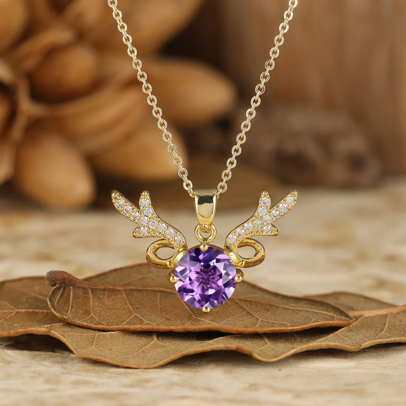 Deer Antler Round Aquamarine Pendant Necklace 14K Solid Gold Women Necklace - view 9