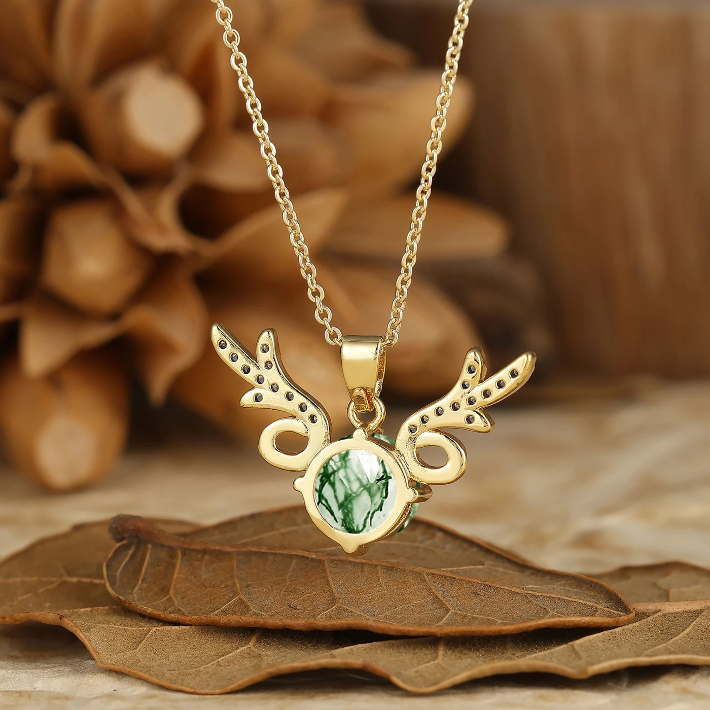Deer Antler Round Aquamarine Pendant Necklace 14K Solid Gold Women Necklace - view 8