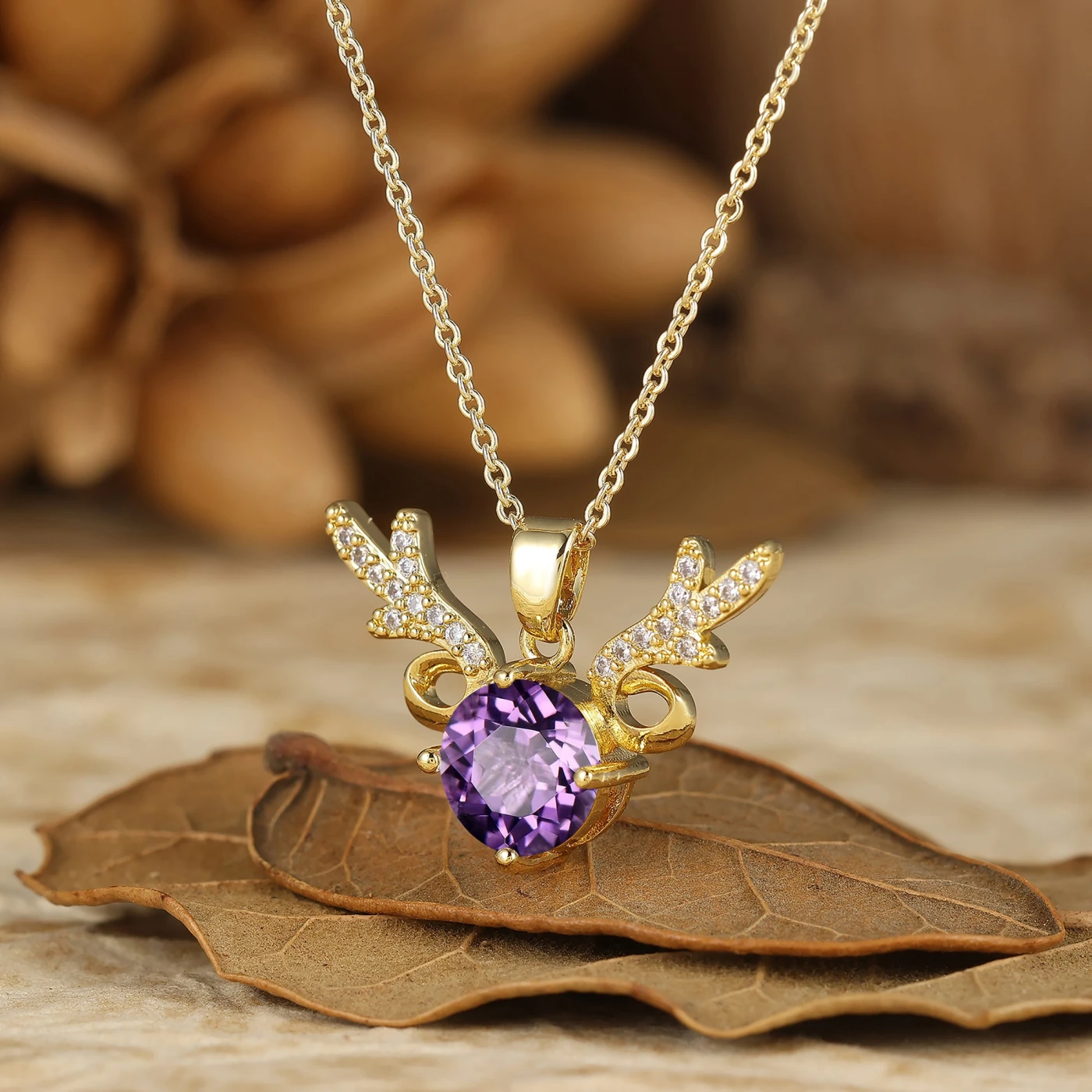 Deer Antler Round Aquamarine Pendant Necklace 14K Solid Gold Women Necklace - view 11
