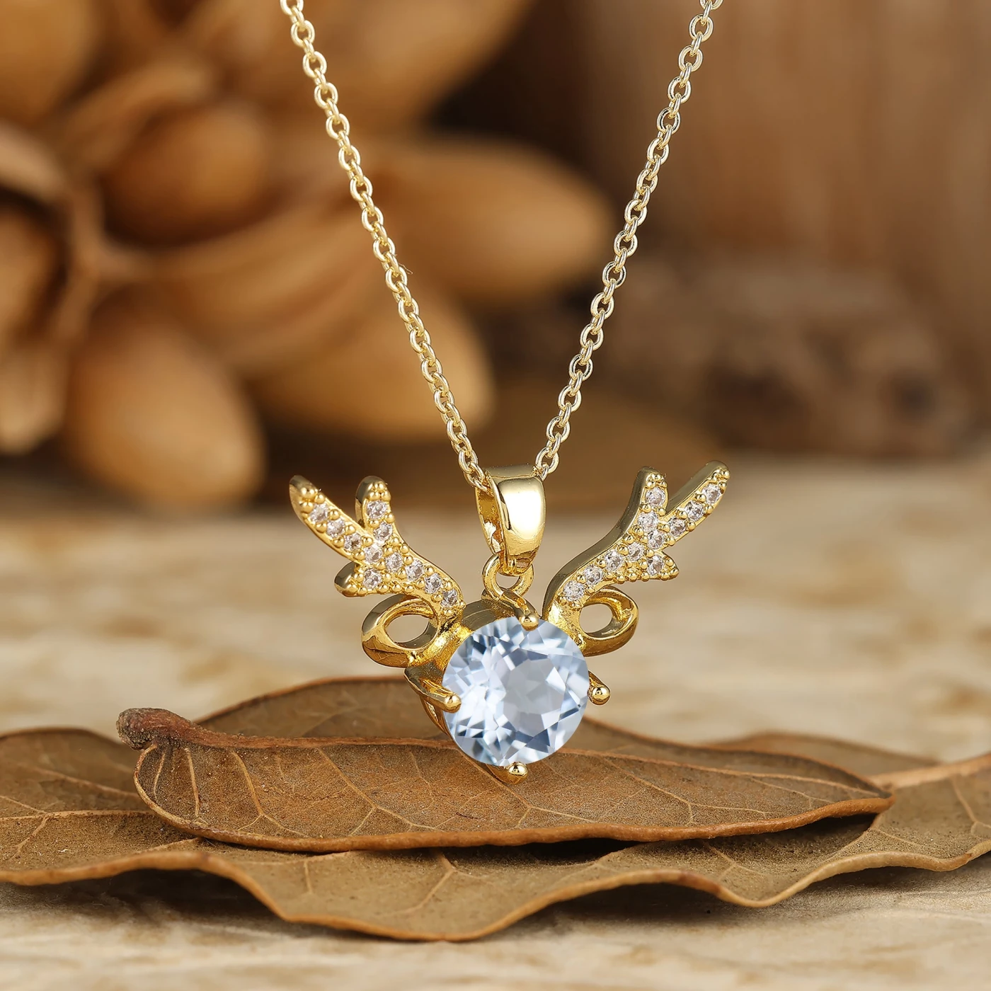 Deer Antler Round Aquamarine Pendant Necklace 14K Solid Gold Women Necklace - view 2