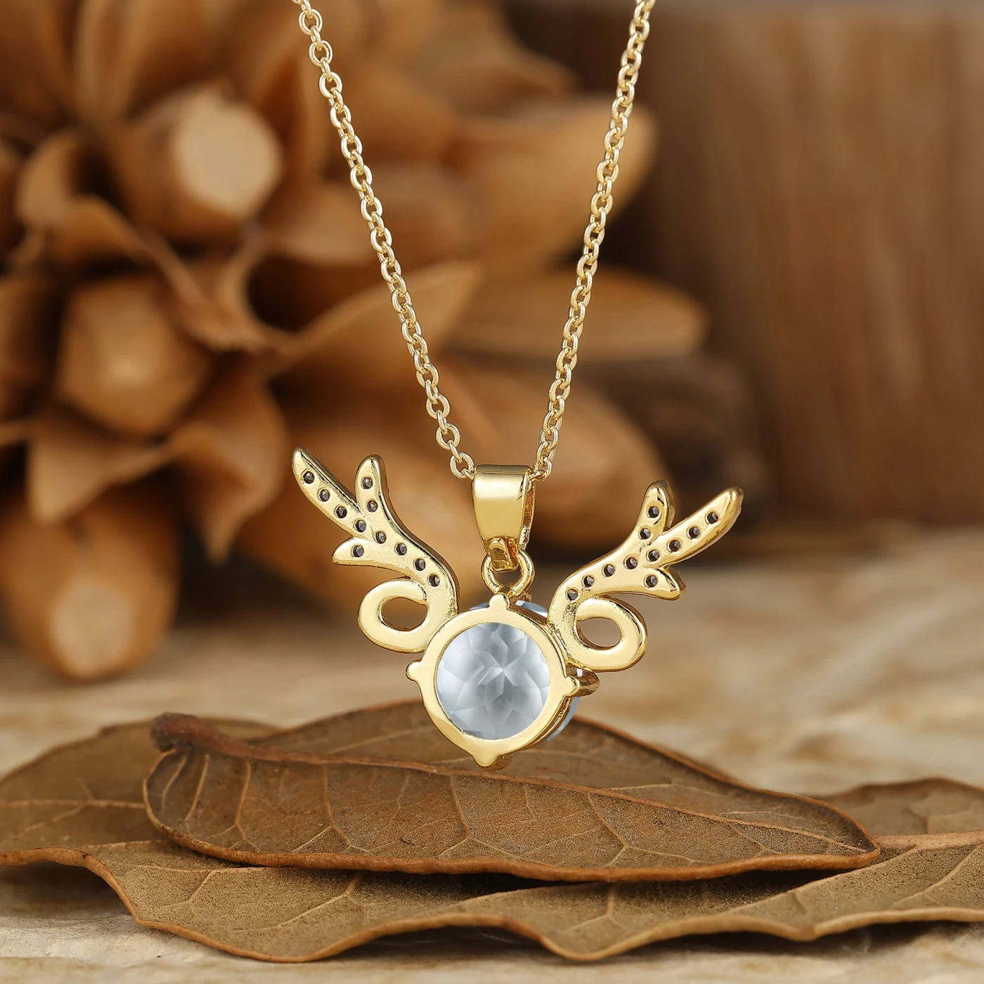 Deer Antler Round Aquamarine Pendant Necklace 14K Solid Gold Women Necklace - view 4