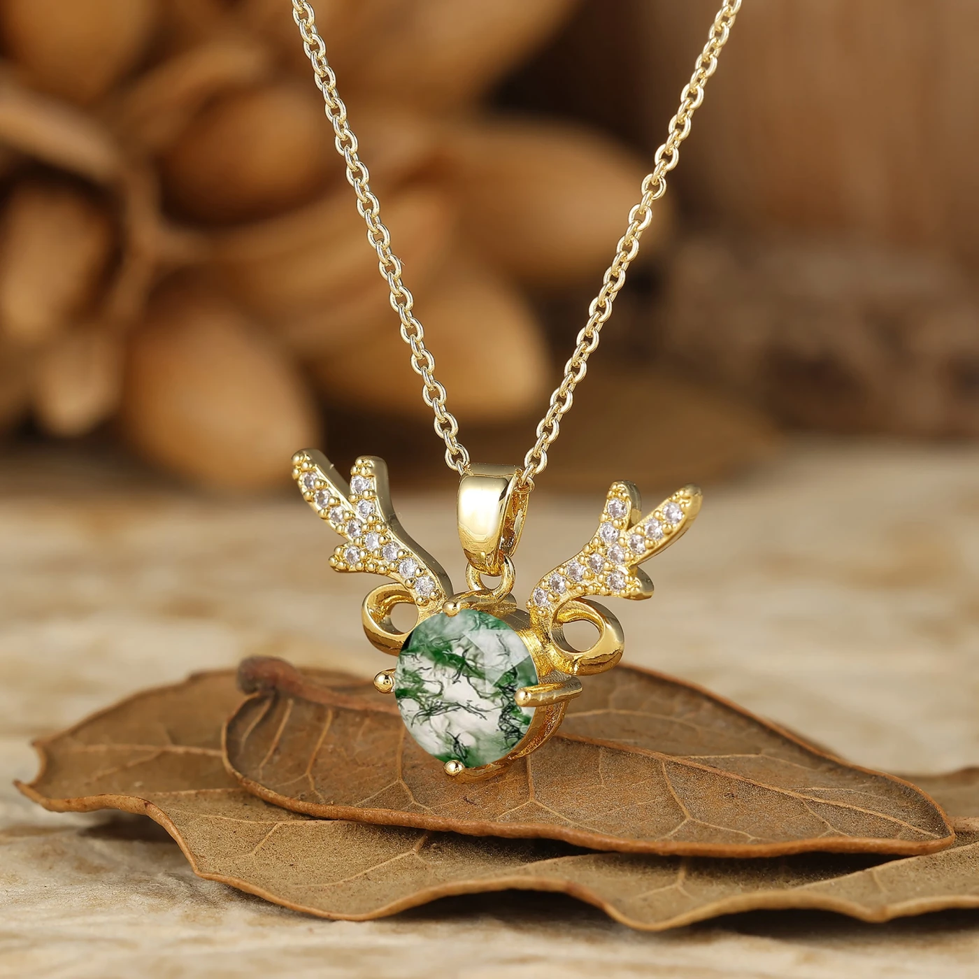 Deer Antler Style Moss Agate Pendant Round Cut Natural Moss Agate Pendant Necklace For Her - view 3