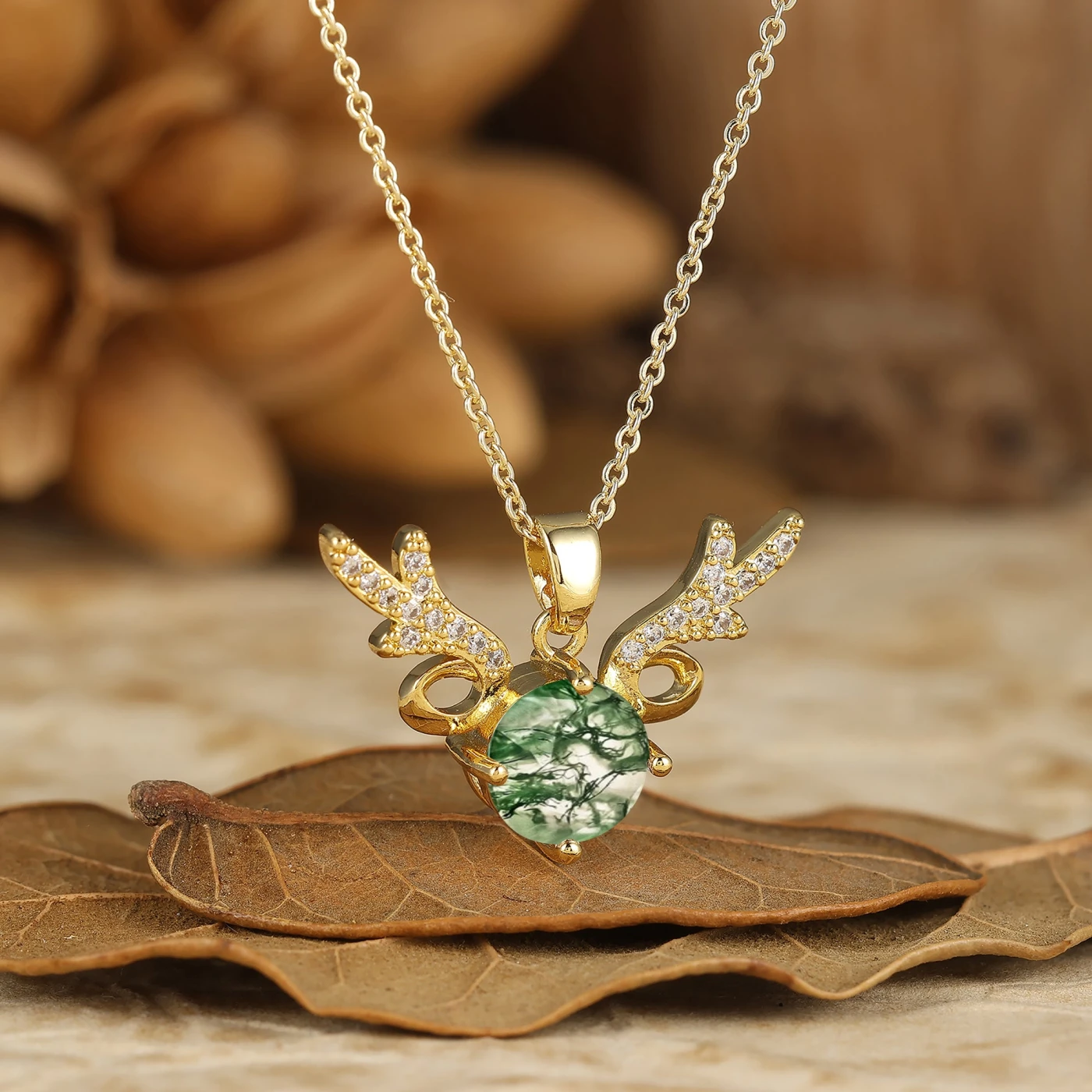 Deer Antler Style Moss Agate Pendant Round Cut Natural Moss Agate Pendant Necklace For Her - view 2
