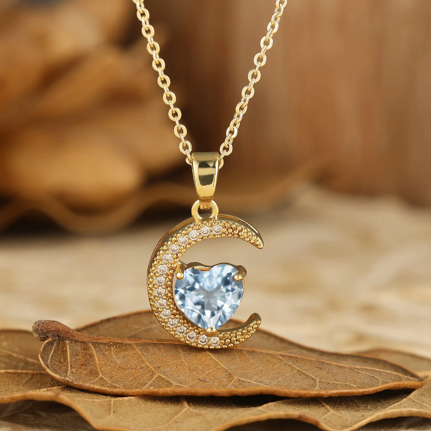 Crescent Moon Necklace Heart Shape Pendant March Birthstone Necklace Gift