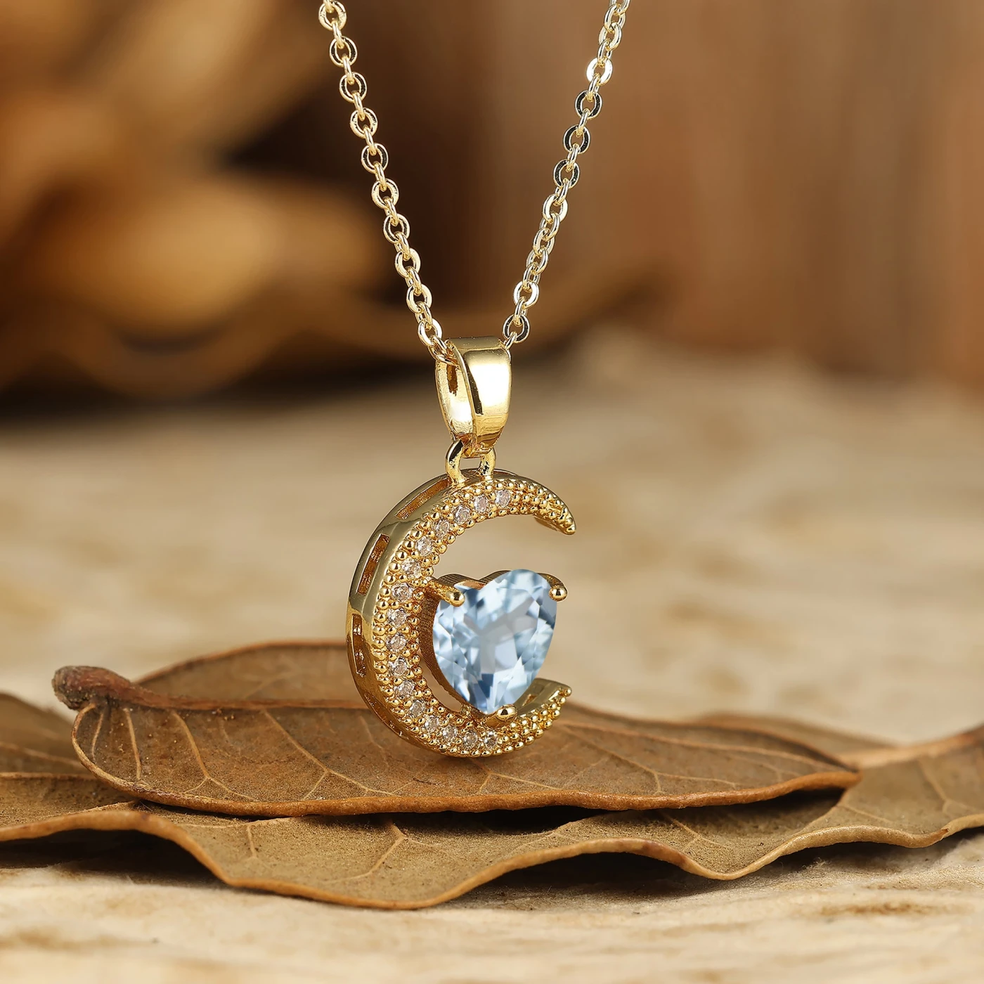 Crescent Moon Necklace Heart Shape Aquamarine Pendant March Birthstone Necklace Gift - view 2