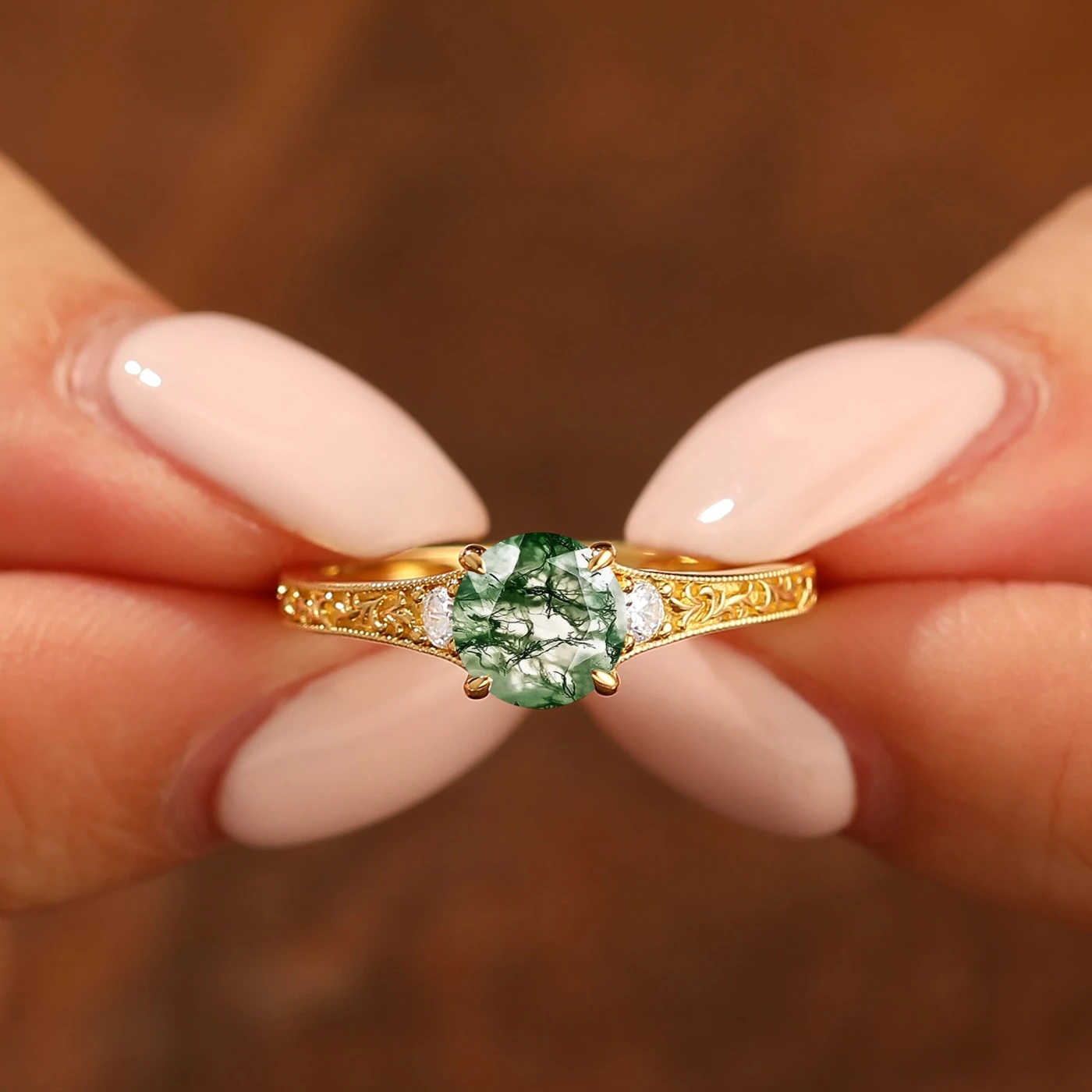 Vintage Inspired Engraved Vine 1CT Round Natural Women Ring Engagement Ring