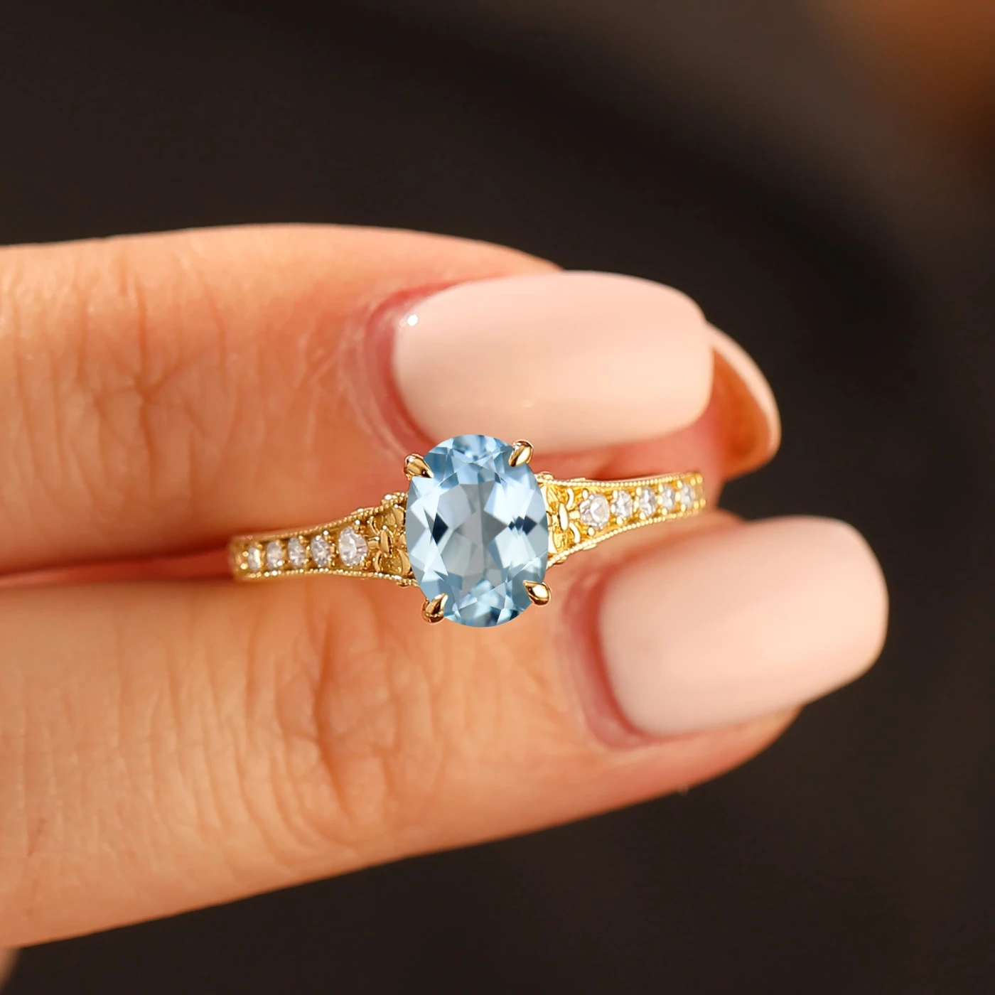 Antique 1.5CT Oval Cut Aquamarine Wedding Ring Milgrained Vine Engraved Women Ring - view 2