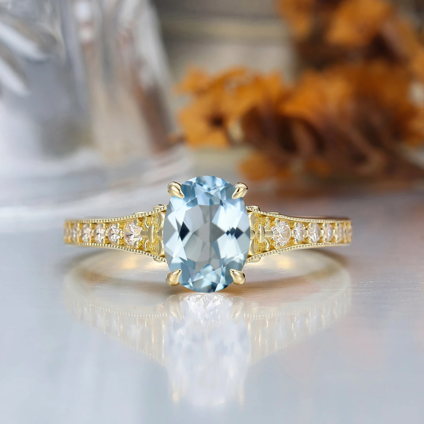 Antique 1.5CT Oval Cut Aquamarine Wedding Ring Milgrained Vine Engraved Women Ring - view 3