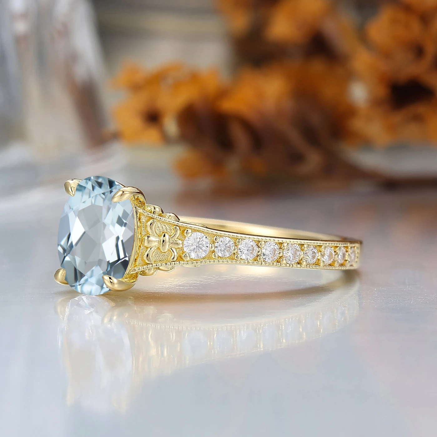 Antique 1.5CT Oval Cut Aquamarine Wedding Ring Milgrained Vine Engraved Women Ring - view 5