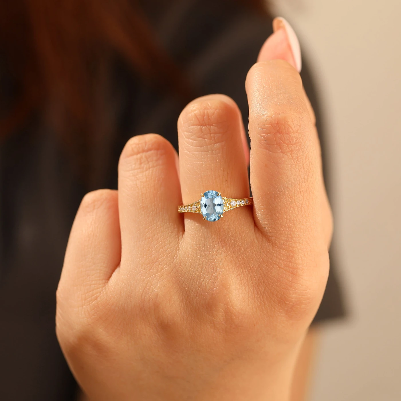 Antique 1.5CT Oval Cut Aquamarine Wedding Ring Milgrained Vine Engraved Women Ring - view 6