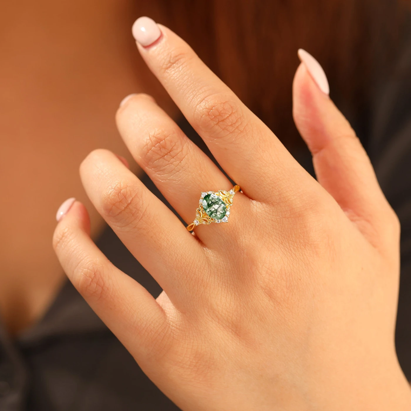 Elegant Oval Cut Moss Agate Wedding Ring 14K Yellow Gold Cluster Leaf Design Bridal Ring - view 7