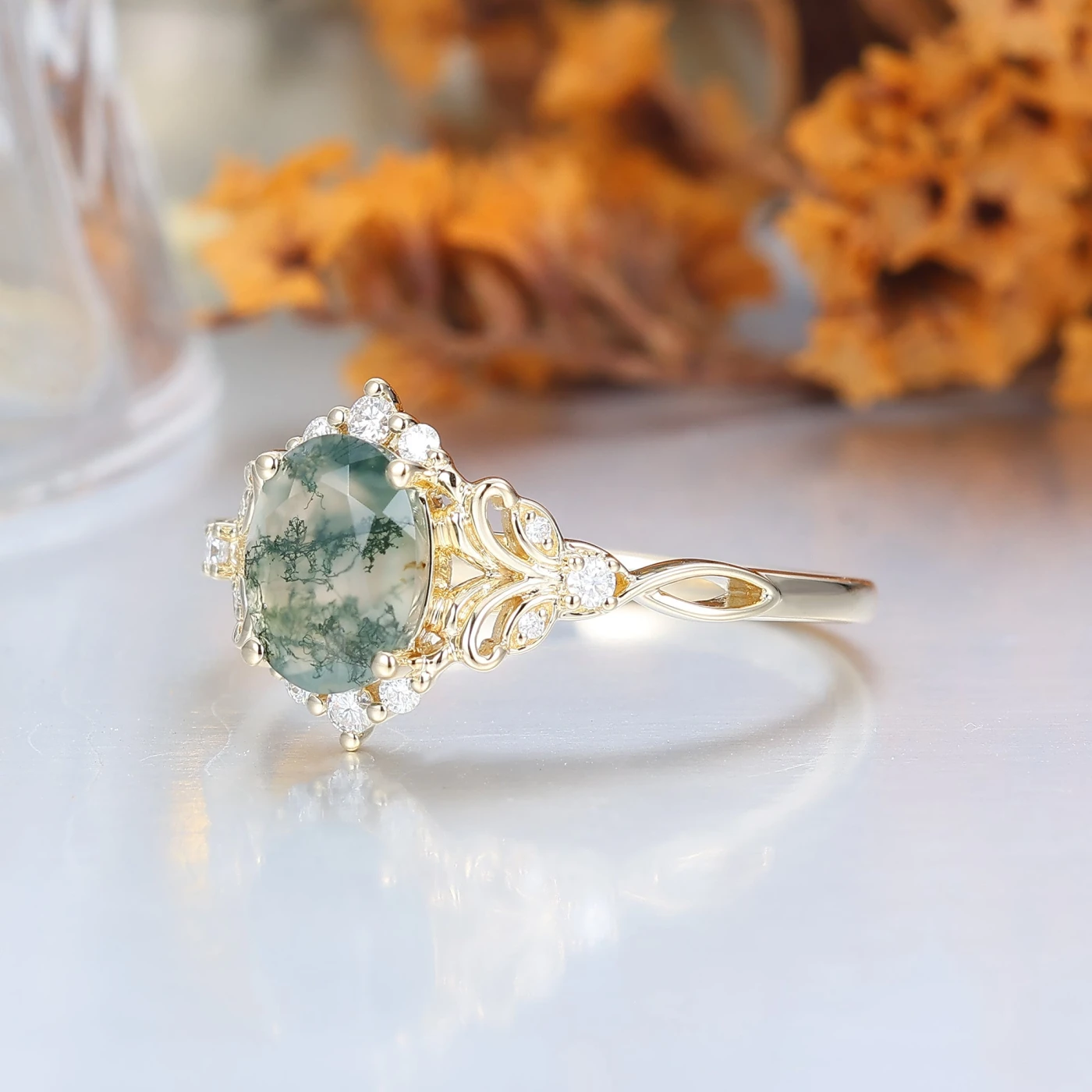 Elegant Oval Cut Moss Agate Wedding Ring 14K Yellow Gold Cluster Leaf Design Bridal Ring - view 14
