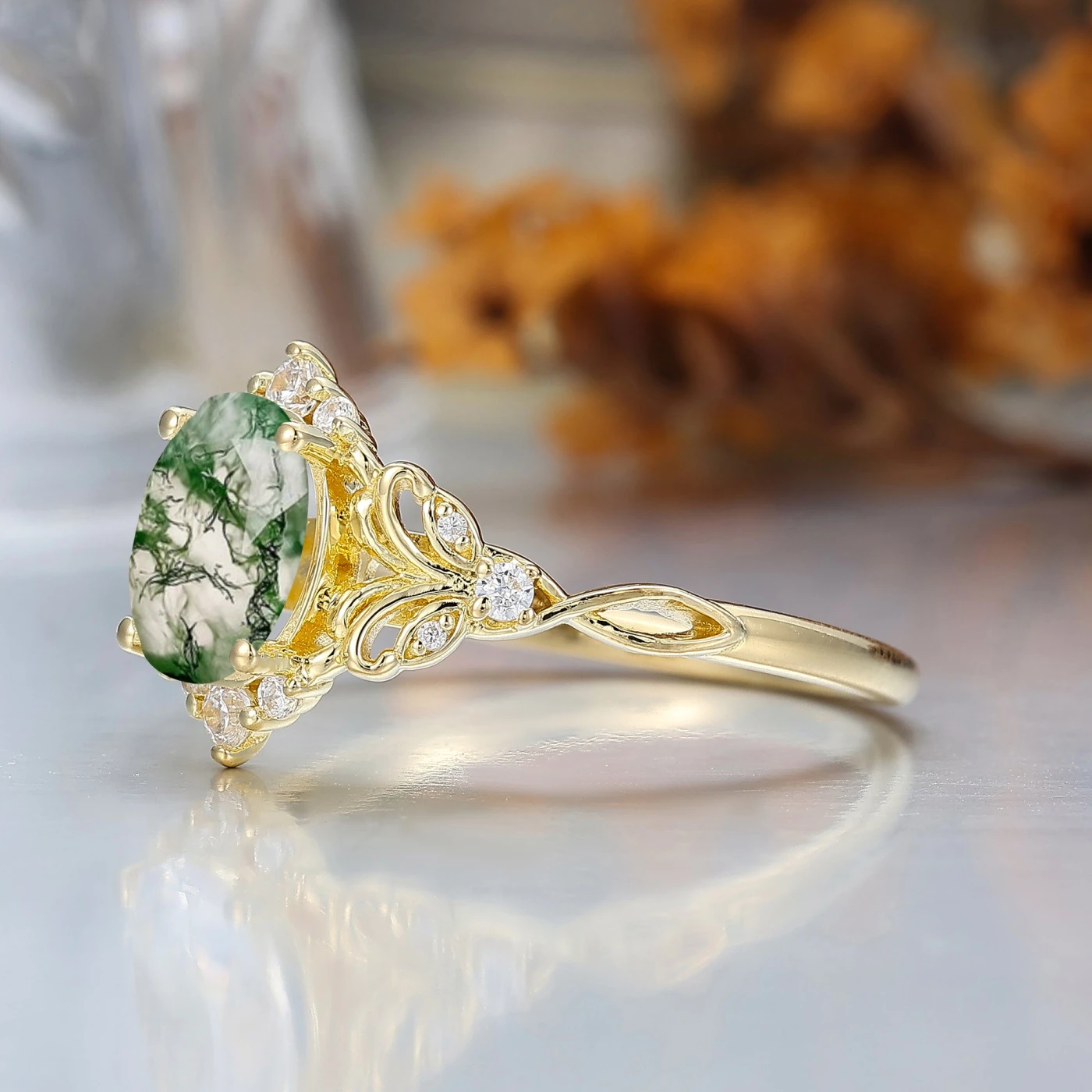 Elegant Oval Cut Moss Agate Wedding Ring 14K Yellow Gold Cluster Leaf Design Bridal Ring - view 4