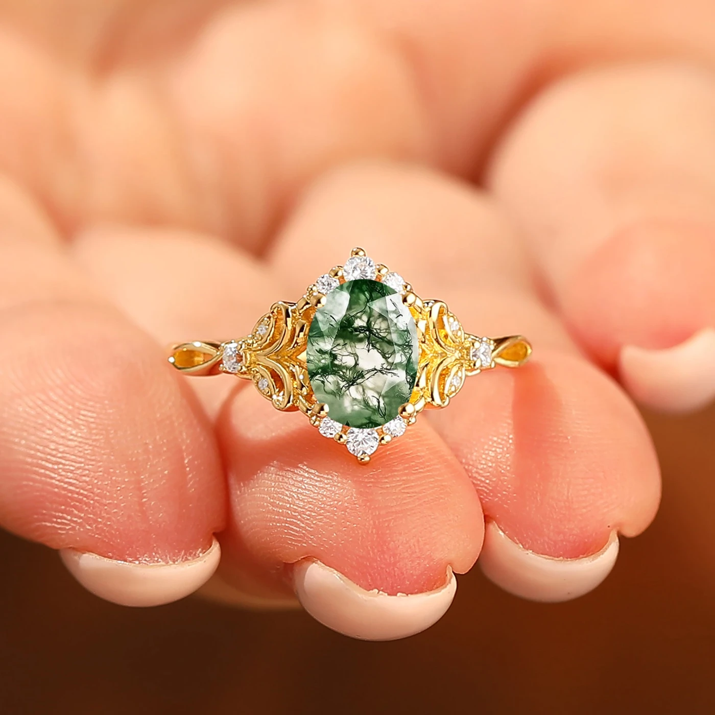 Elegant Oval Cut Moss Agate Wedding Ring 14K Yellow Gold Cluster Leaf Design Bridal Ring - view 2
