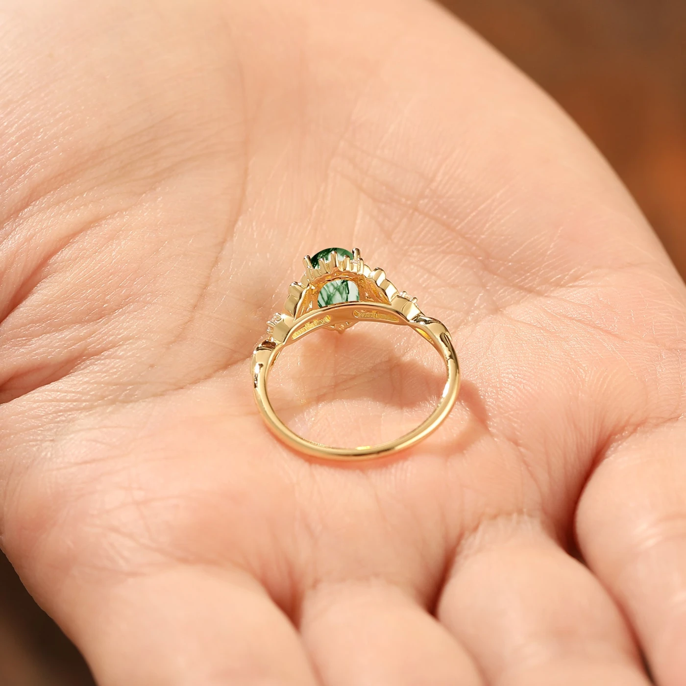 Elegant Oval Cut Moss Agate Wedding Ring 14K Yellow Gold Cluster Leaf Design Bridal Ring - view 10